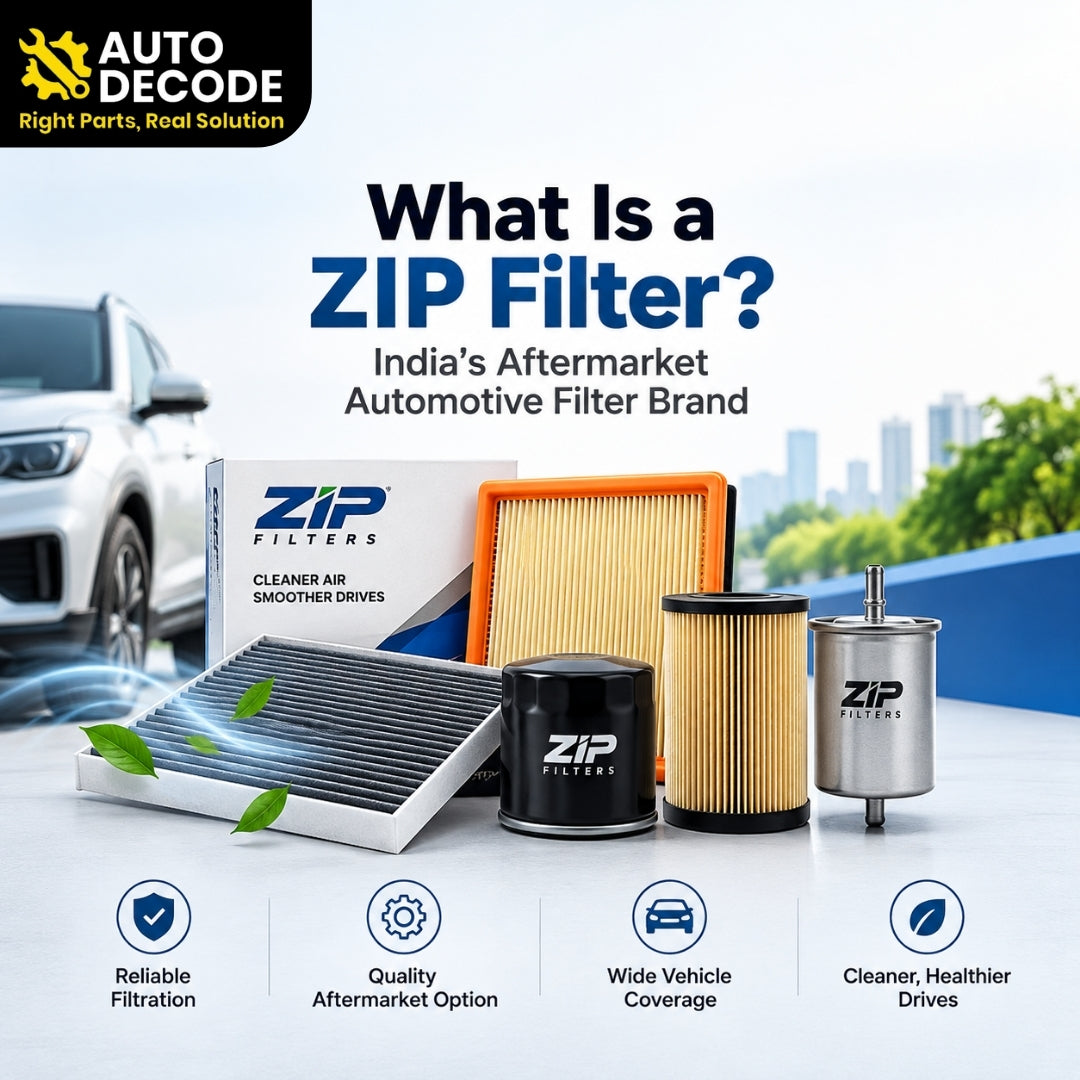 ZIP Filters automotive air, cabin, oil, and fuel filters displayed with a car, highlighting India’s aftermarket automotive filter brand.
