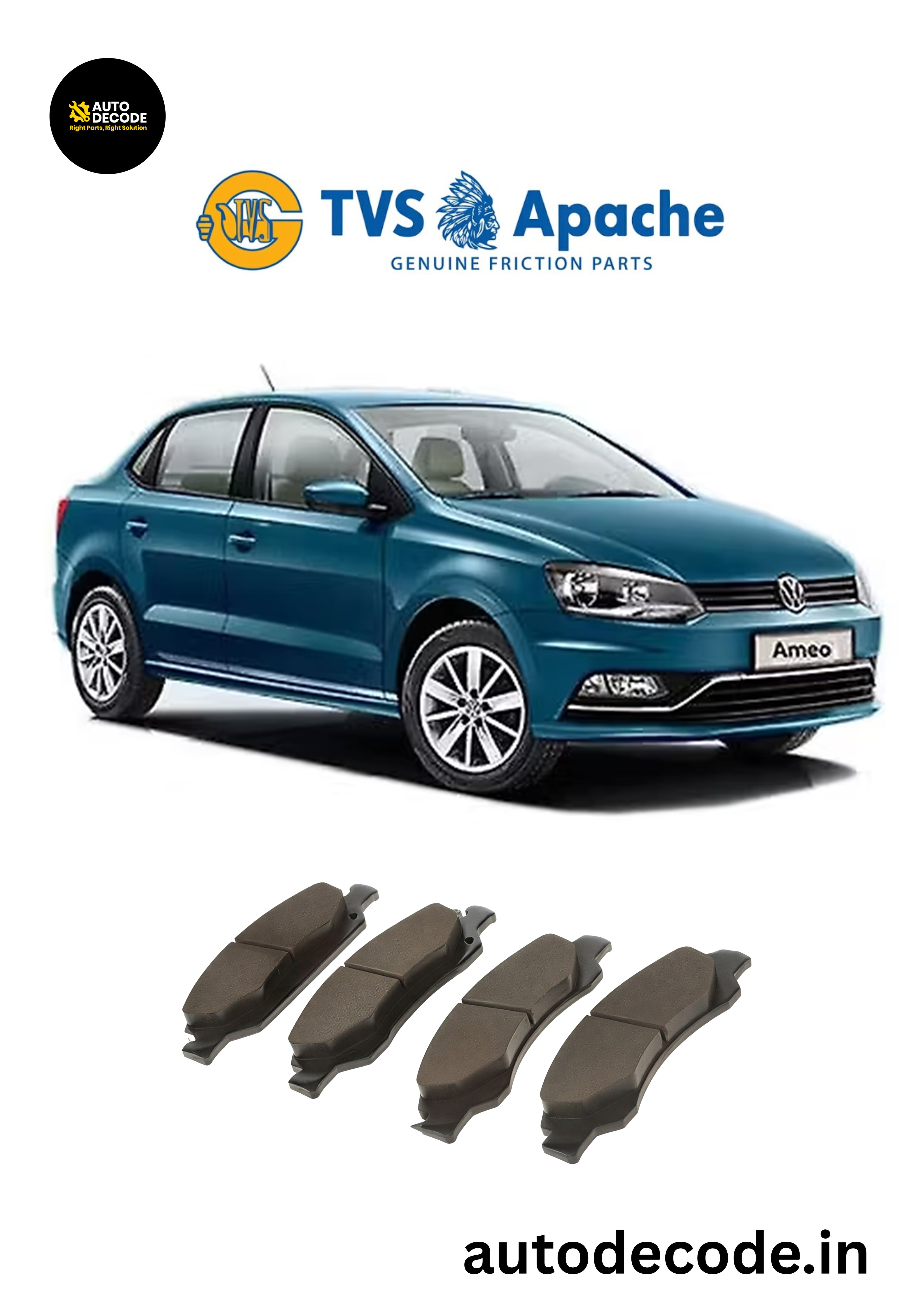 Front Brake Pads For VW Polo / Vento / Ameo / Fabia & Rapid – TVS | Set of 4
