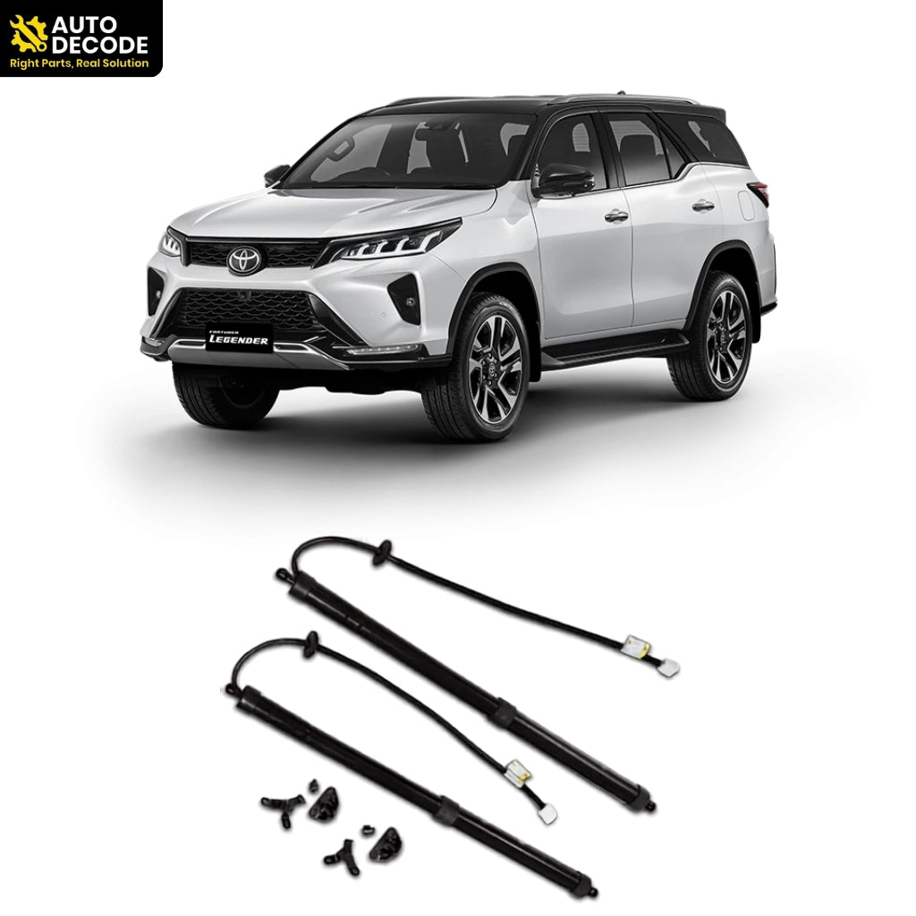 Automatic electric boot strut kit for Toyota Fortuner, shown with the Fortuner vehicle on a white background.
