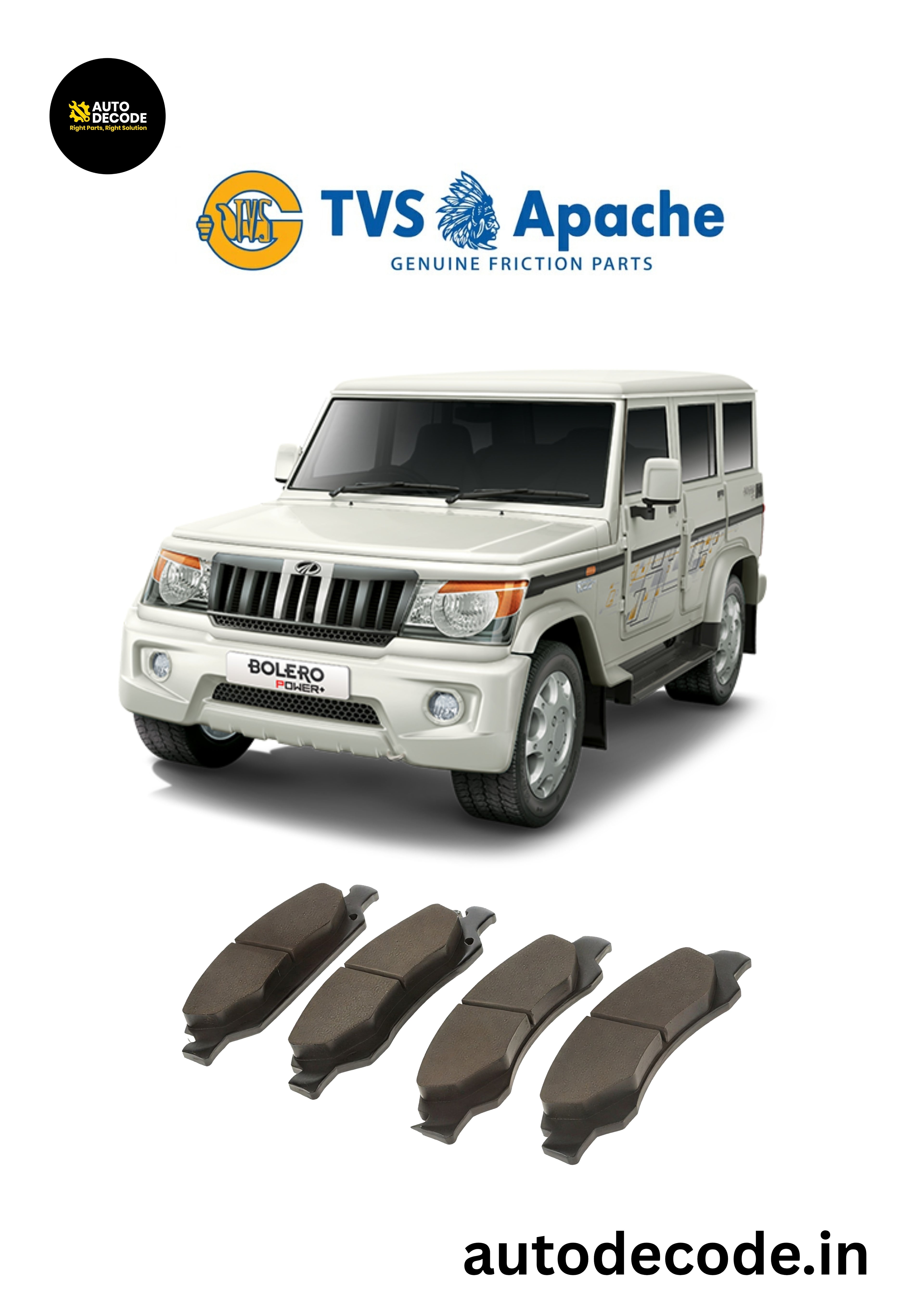 Front Brake Pads For Mahindra Bolero / Xylo / Genio / TUV300 & More – TVS | Set of 4