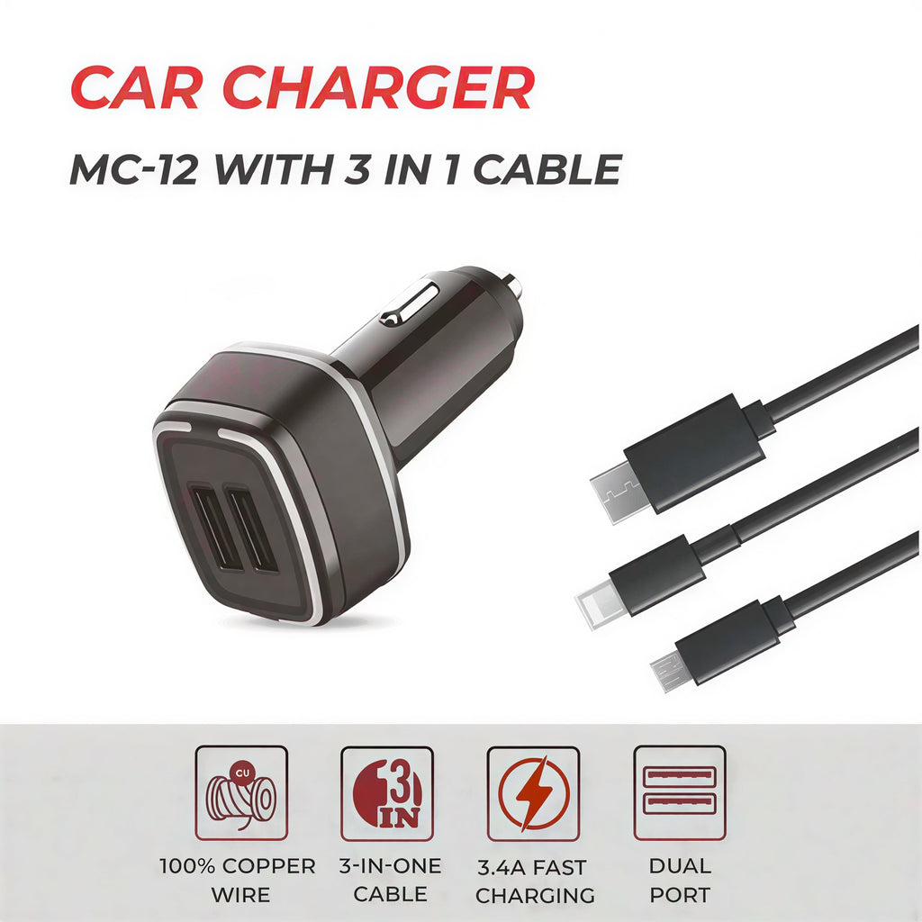 RD Car Charger MC-12 with 3-in-1 Cable | Dual USB Fast Car Charger 5V/3.4A