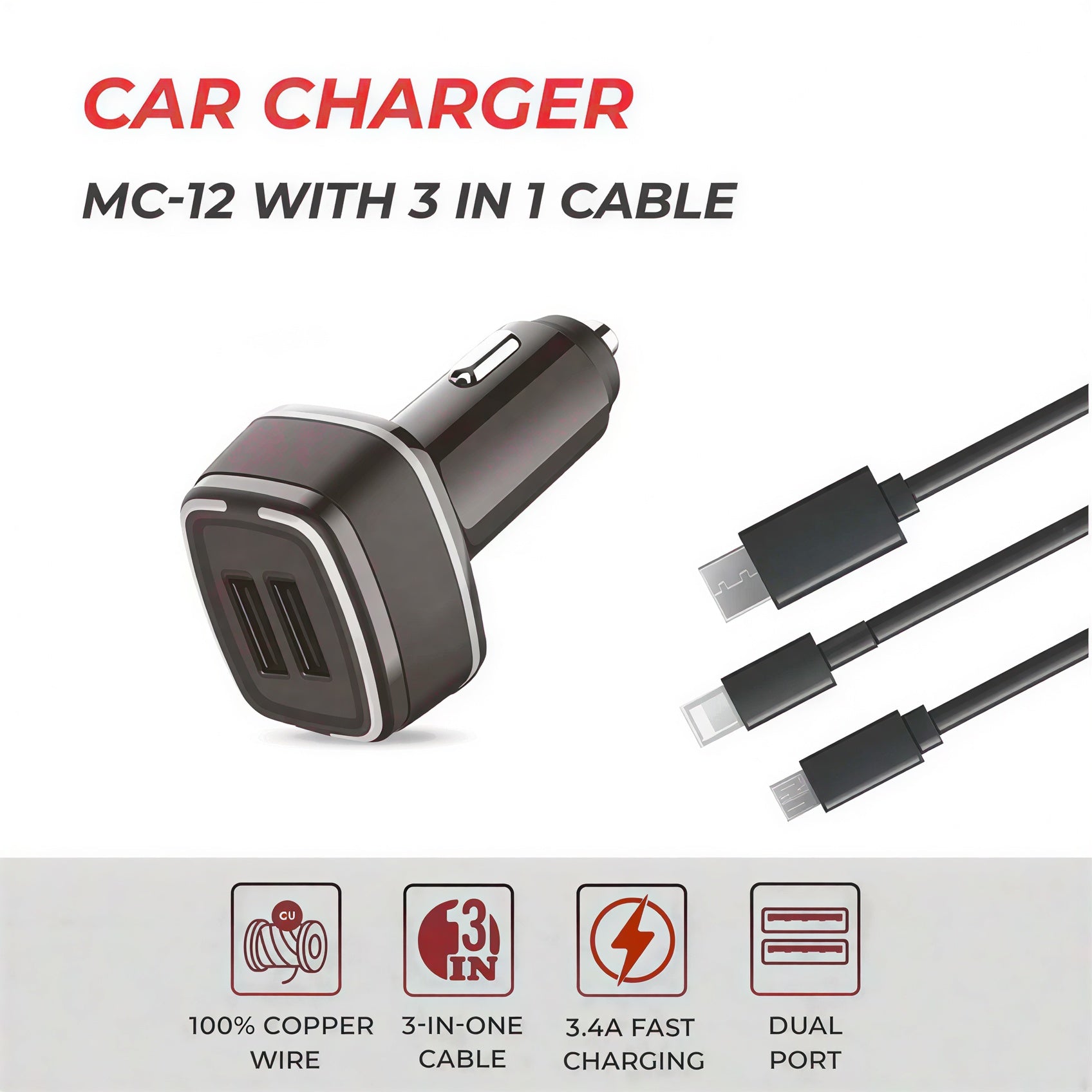 RD Car Charger MC-12 with 3-in-1 Cable | Dual USB Fast Car Charger 5V/3.4A