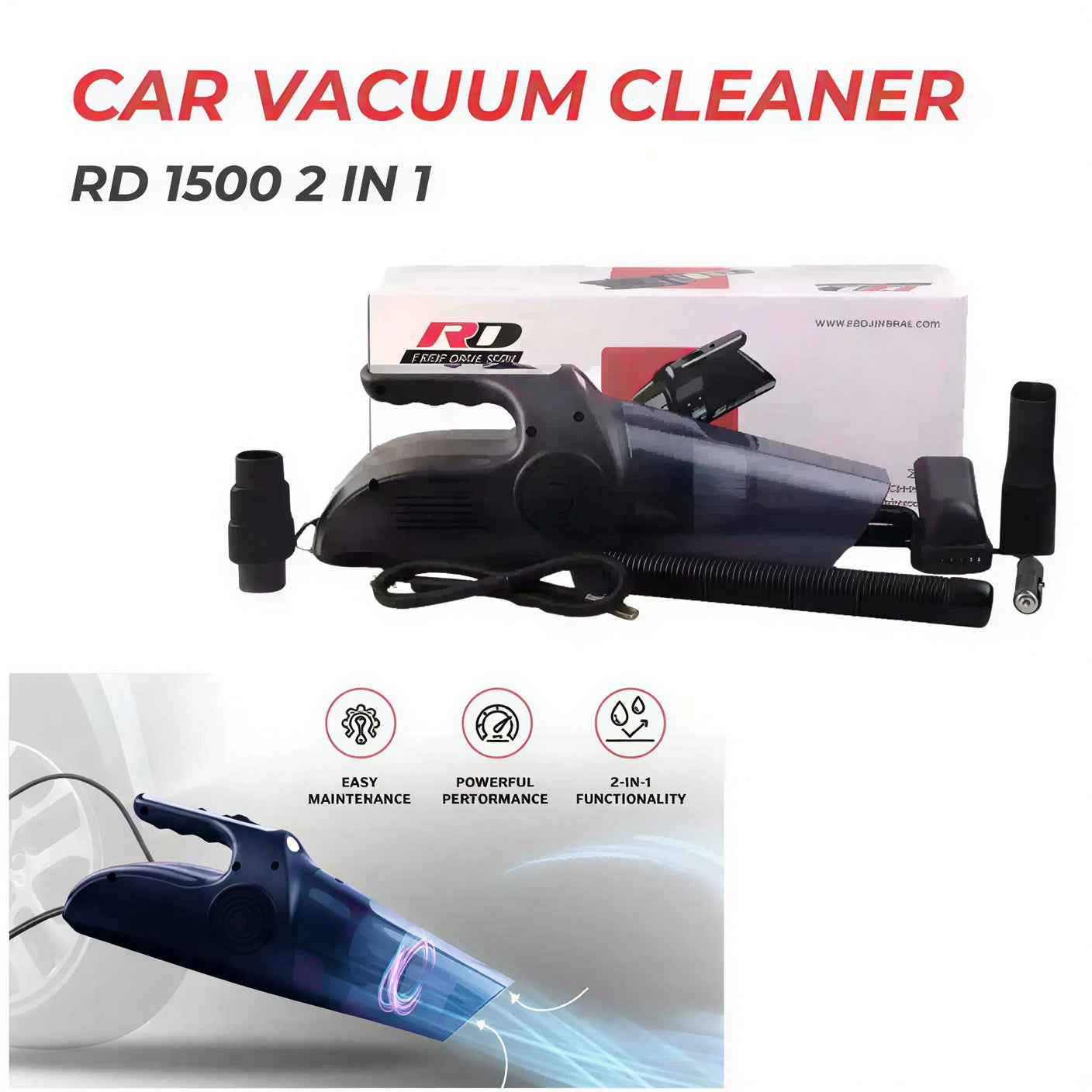 RD 2-in-1 Car Vacuum Cleaner with Tyre Inflator 1500 | 150 PSI Portable 12V Cleaner