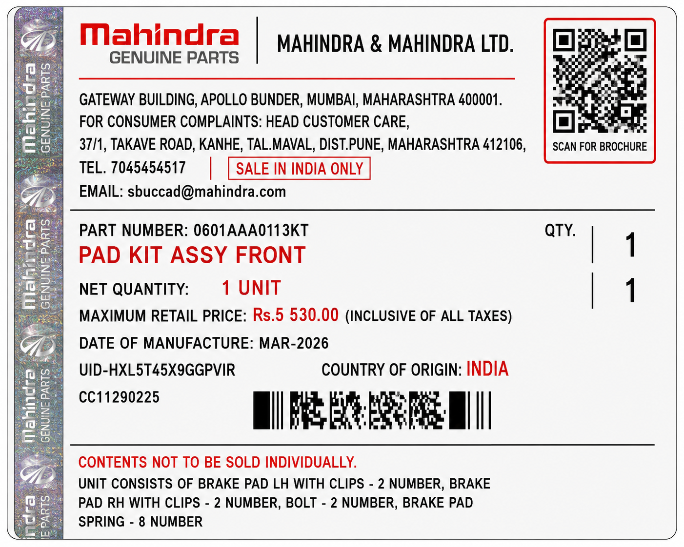 Front Brake Pad Kit Pad Assy EPB For Mahindra Scorpio N / Thar ROXX – Genuine