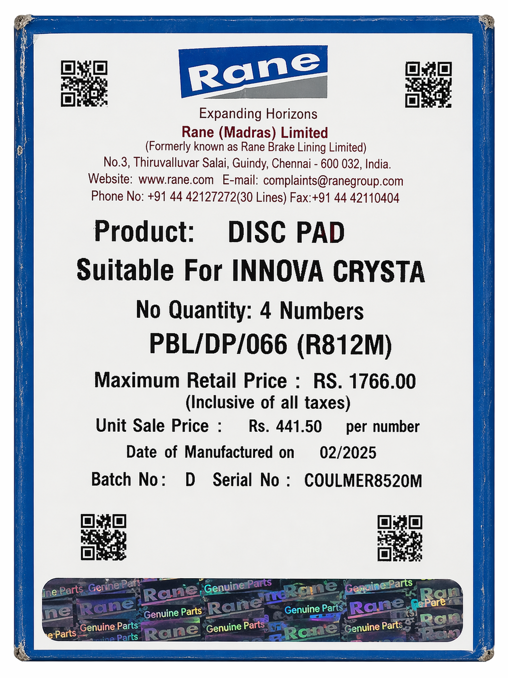 Front Brake Pads For Toyota Innova Crysta – Rane