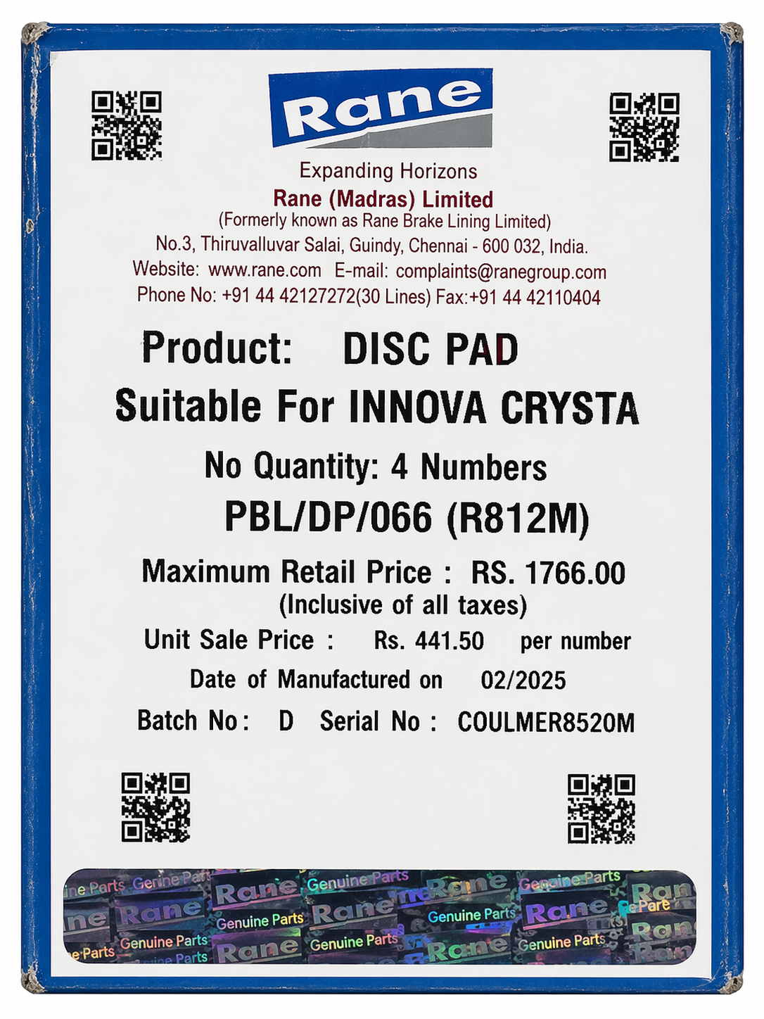 Front Brake Pads For Toyota Innova Crysta – Rane