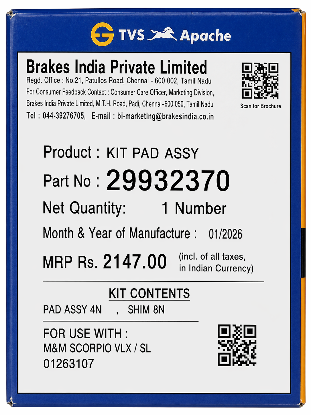 Front Brake Pads For Mahindra Scorpio M-Hawk S6 / S8 / S10 – TVS