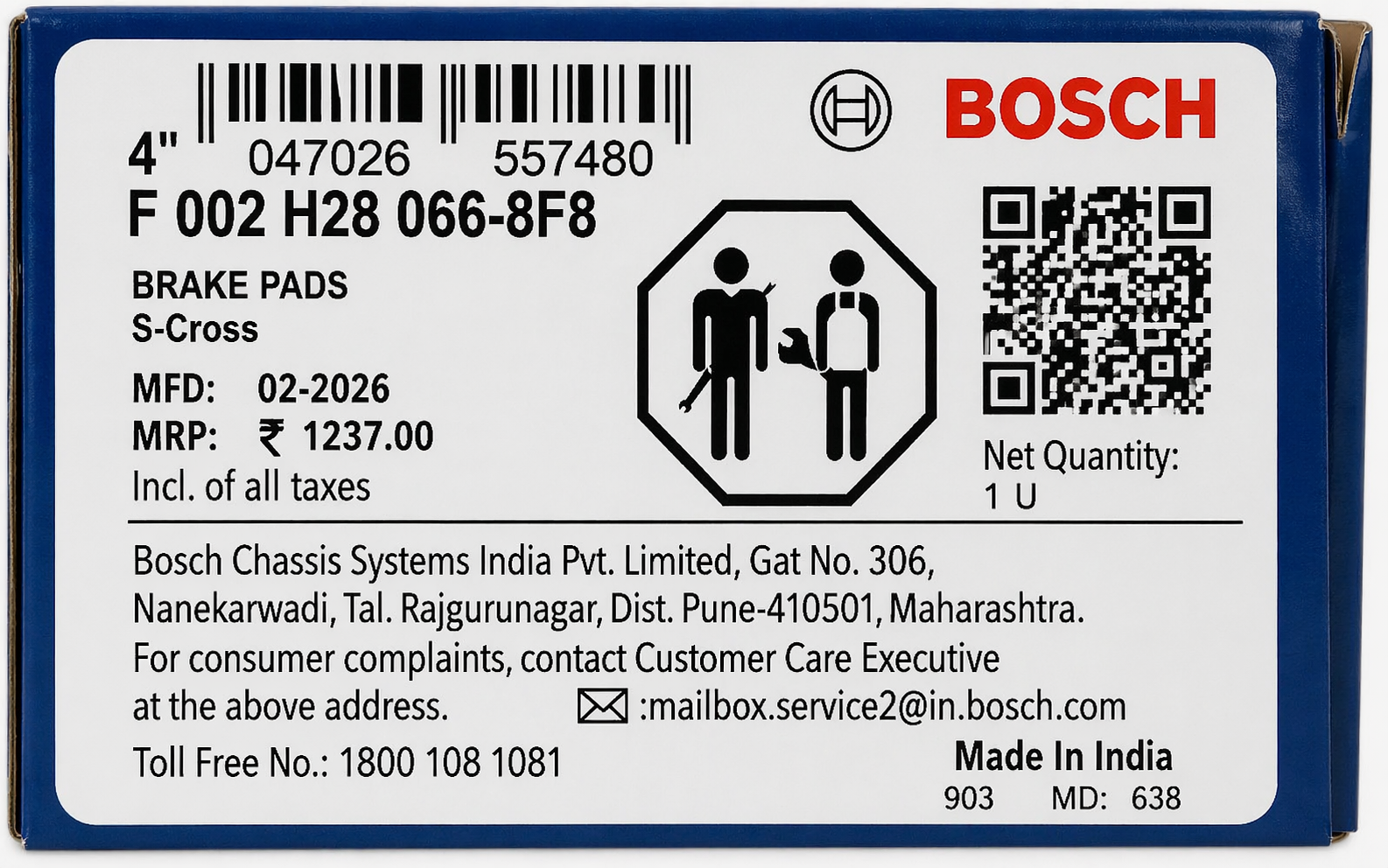 Front Brake Pads For Maruti Suzuki S-Cross – Bosch