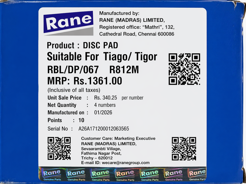 Front Brake Pads For Tata Tiago / Tigor – Rane