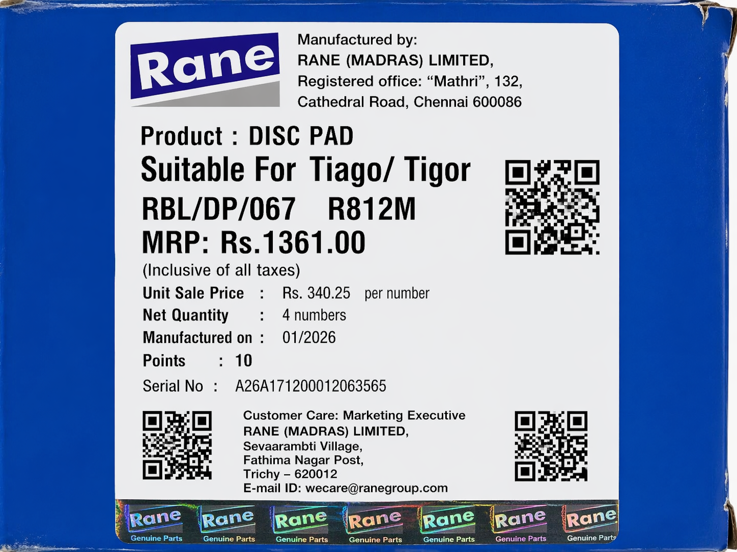 Front Brake Pads For Tata Tiago / Tigor – Rane