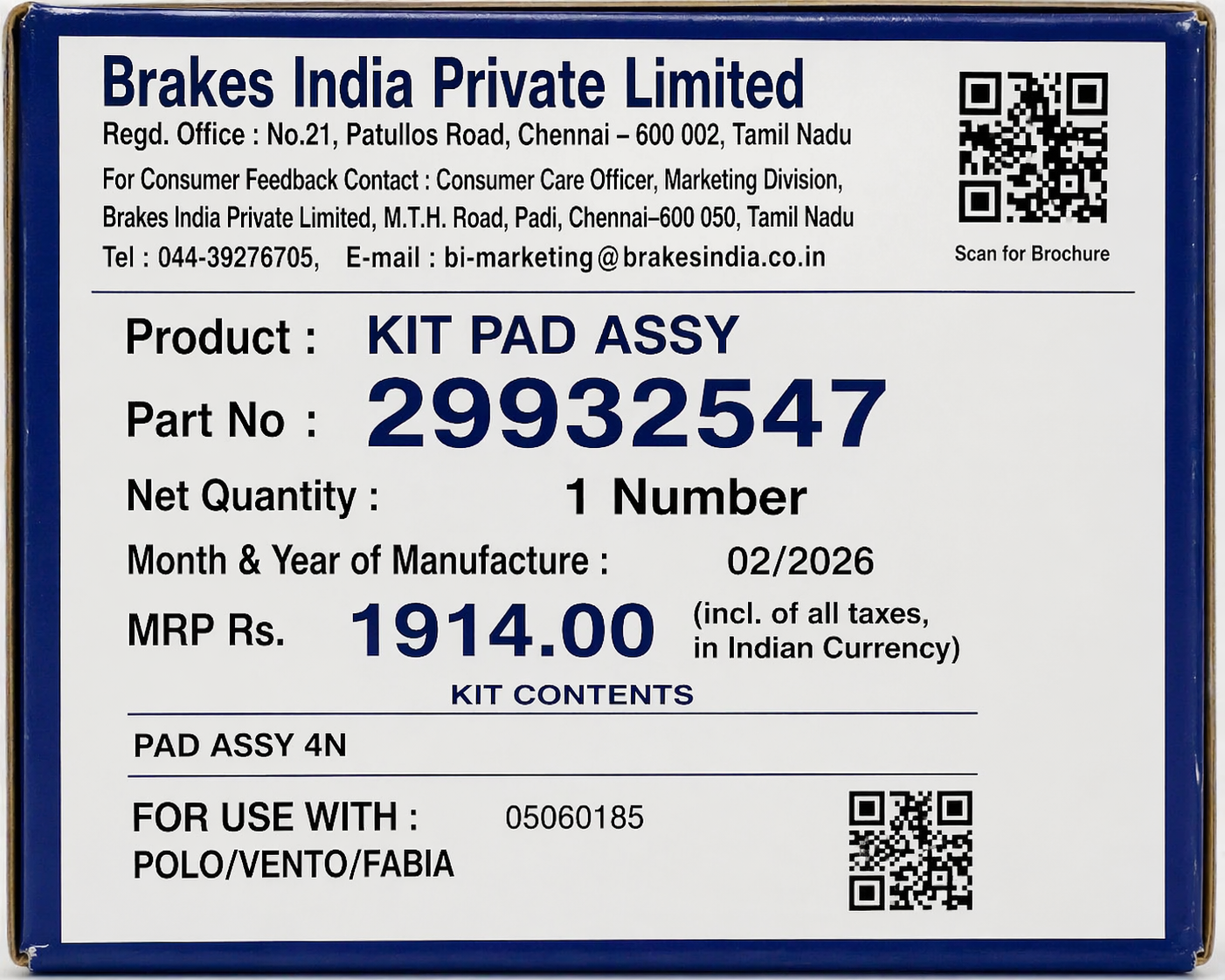 Front Brake Pads For Volkswagen Polo / Vento / Skoda Fabia – TVS