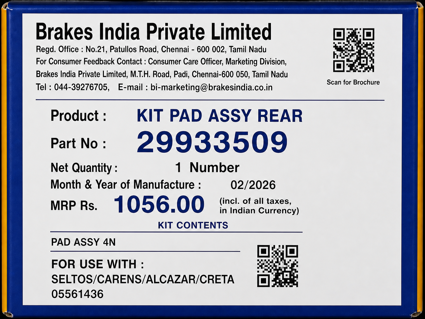 Rear Brake Pads For Hyundai Creta / Alcazar / Kia Seltos / Carens – TVS