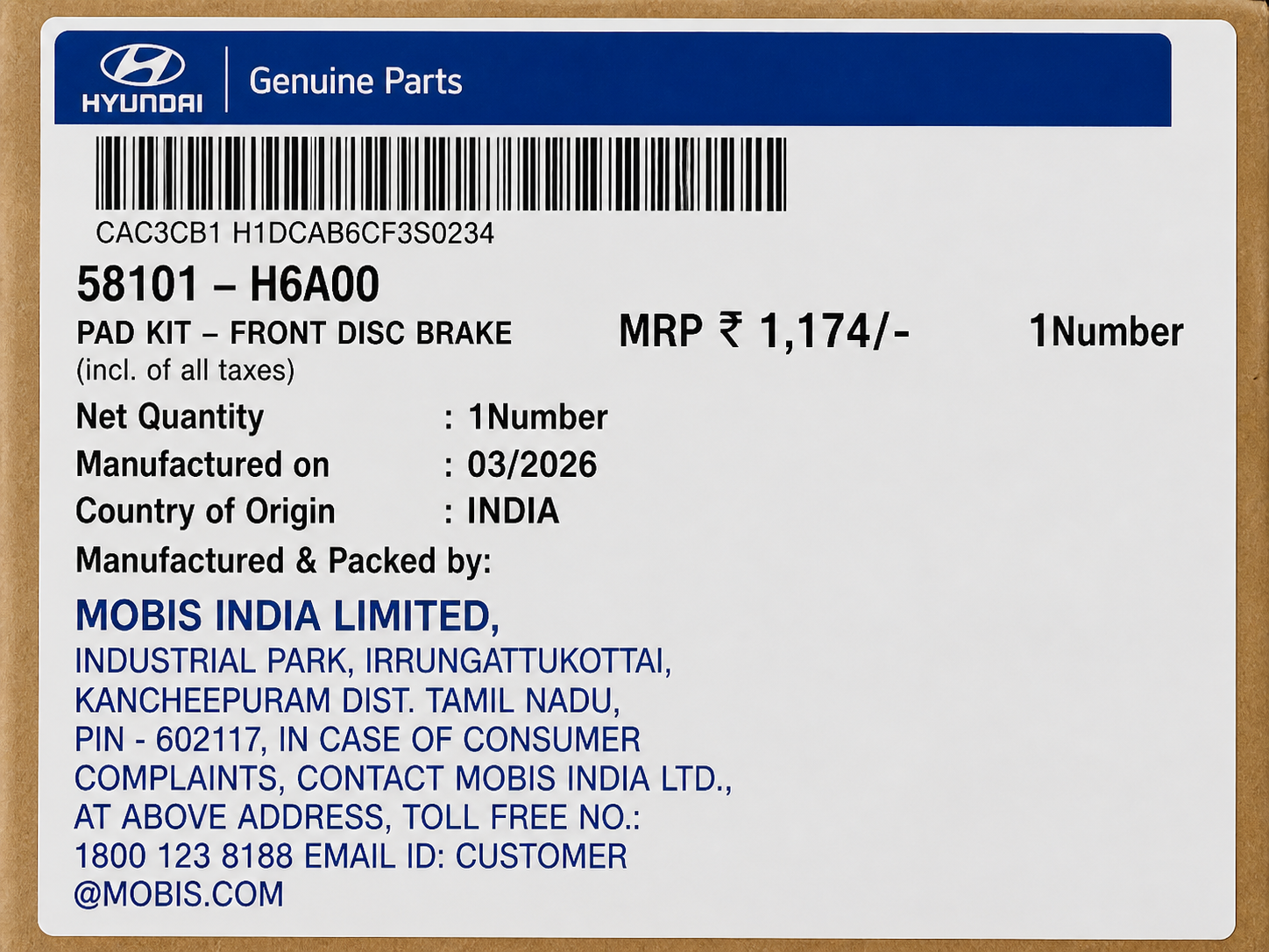 Front Brake Pads For Hyundai i20 (2015 Onwards) / Verna (2012 Onwards) – Genuine
