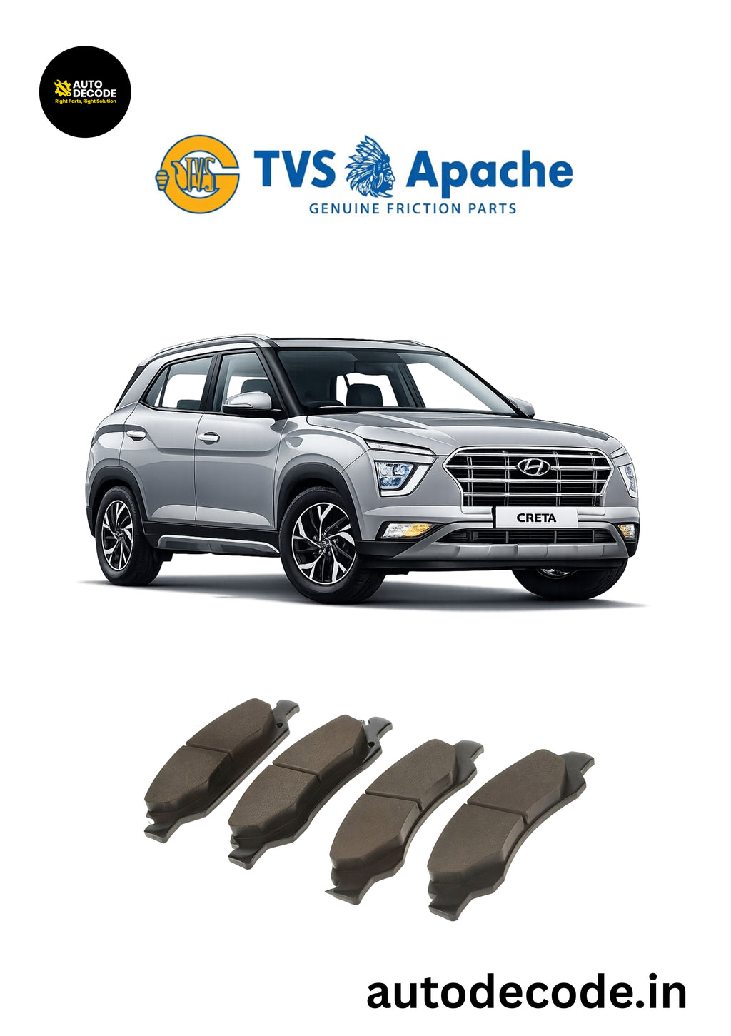 Front Brake Pads For Hyundai Creta / Kia Seltos – TVS | Set of 4