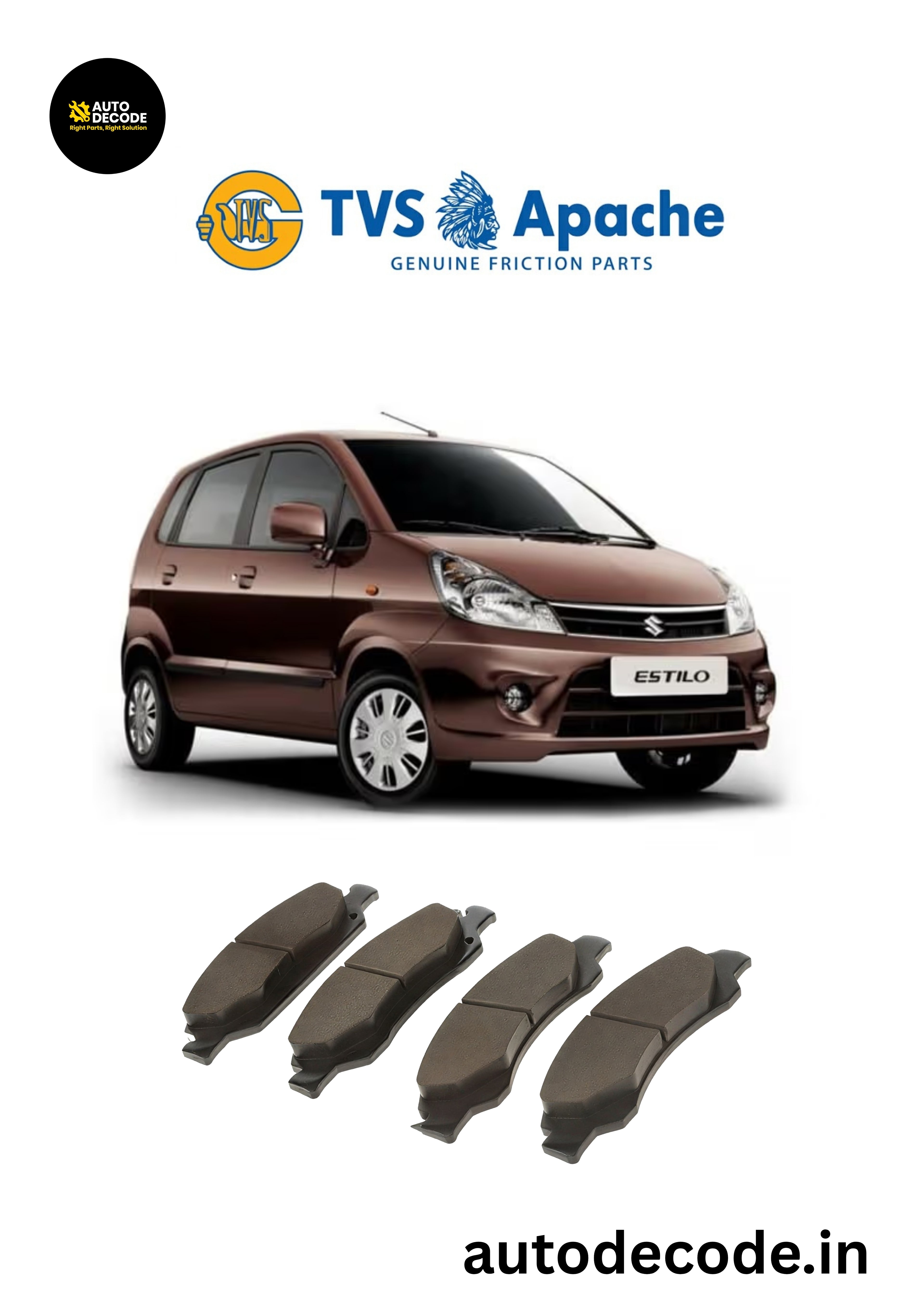Front Brake Pads For Maruti Alto / Wagon R / Zen Estilo – TVS | Set of 4