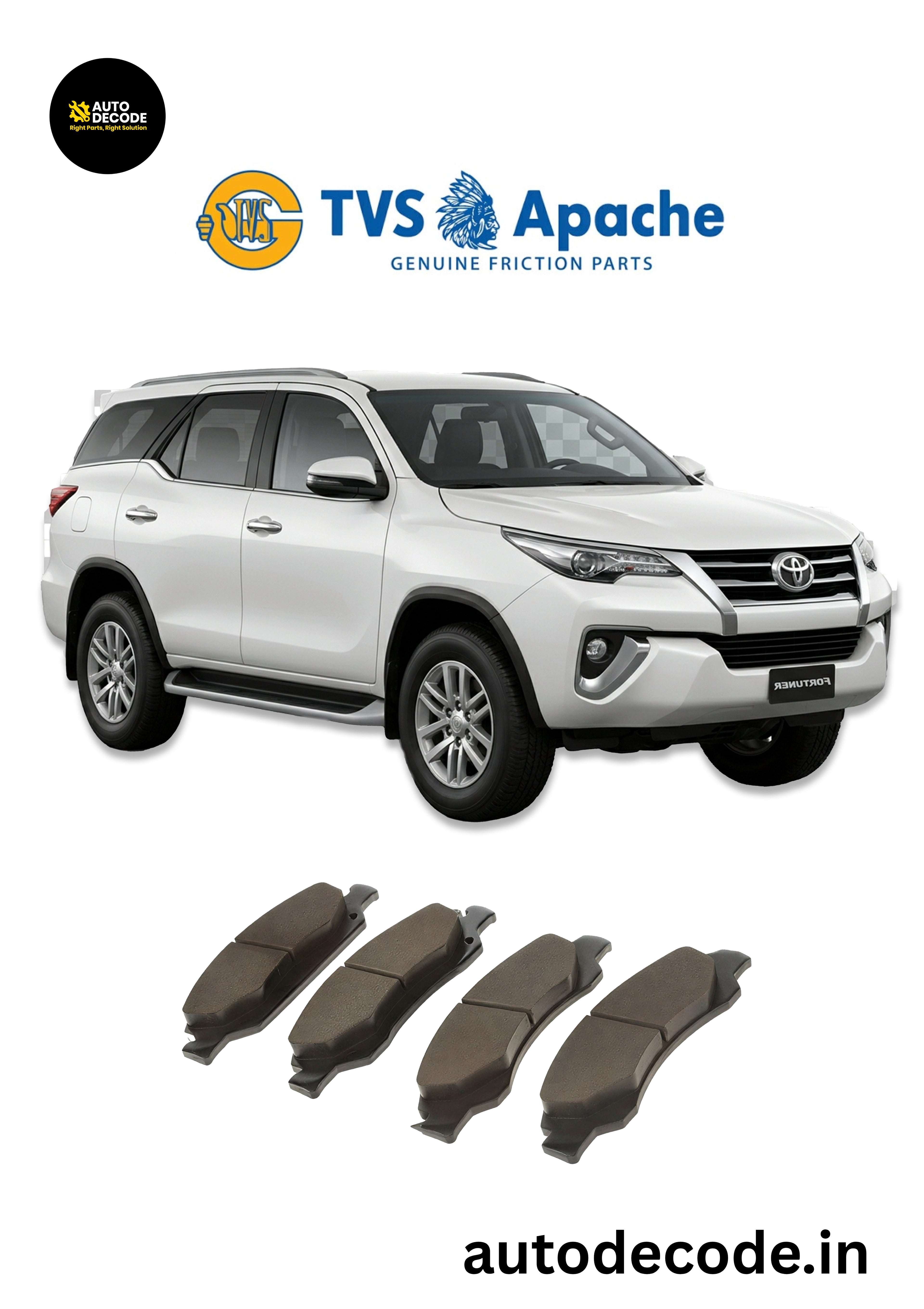 Front Brake Pads For Toyota Fortuner (2016 Onwards) – TVS | Set of 4