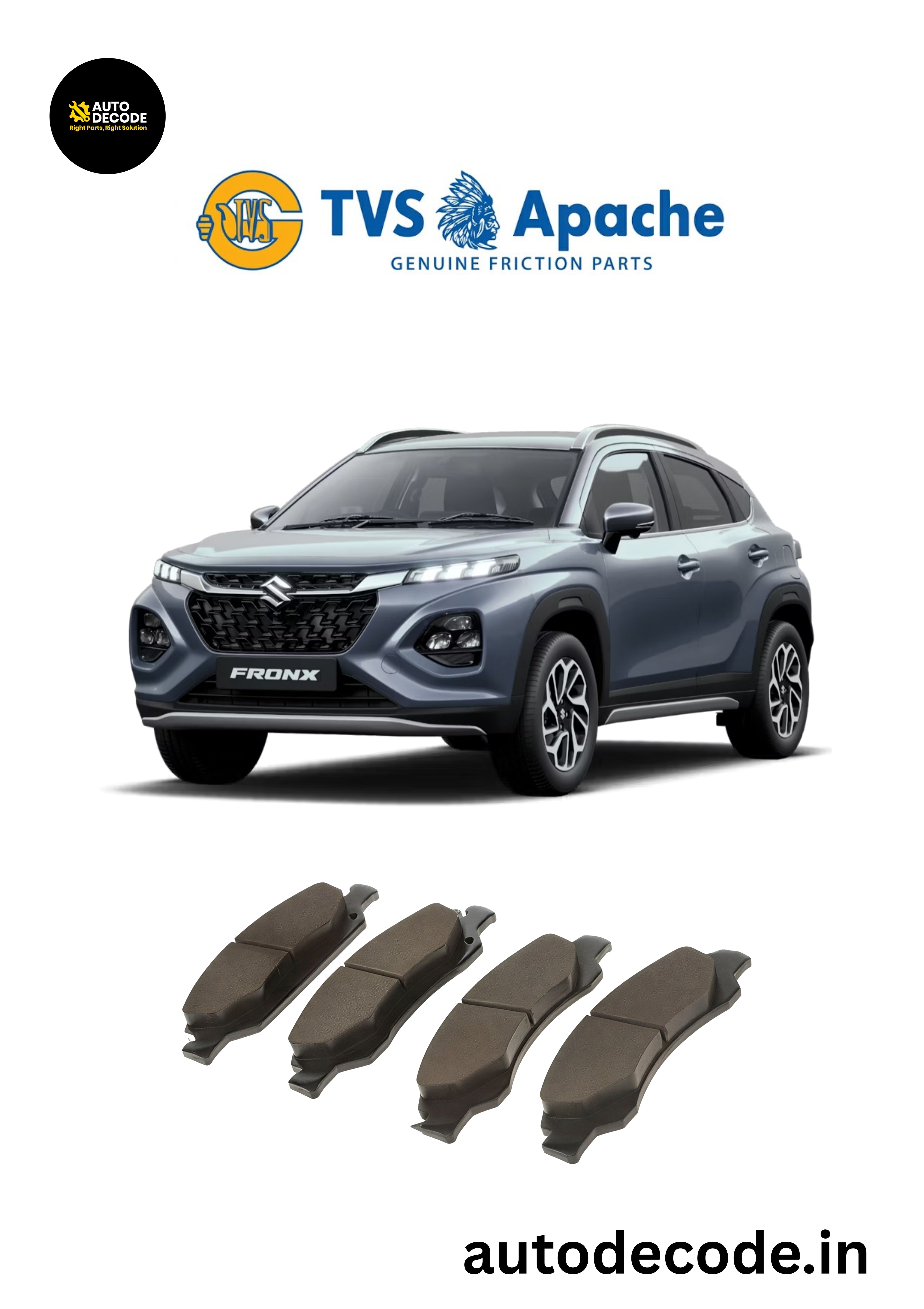 Front Brake Pads For Maruti Fronx / Baleno / Toyota Glanza – TVS | Set of 4