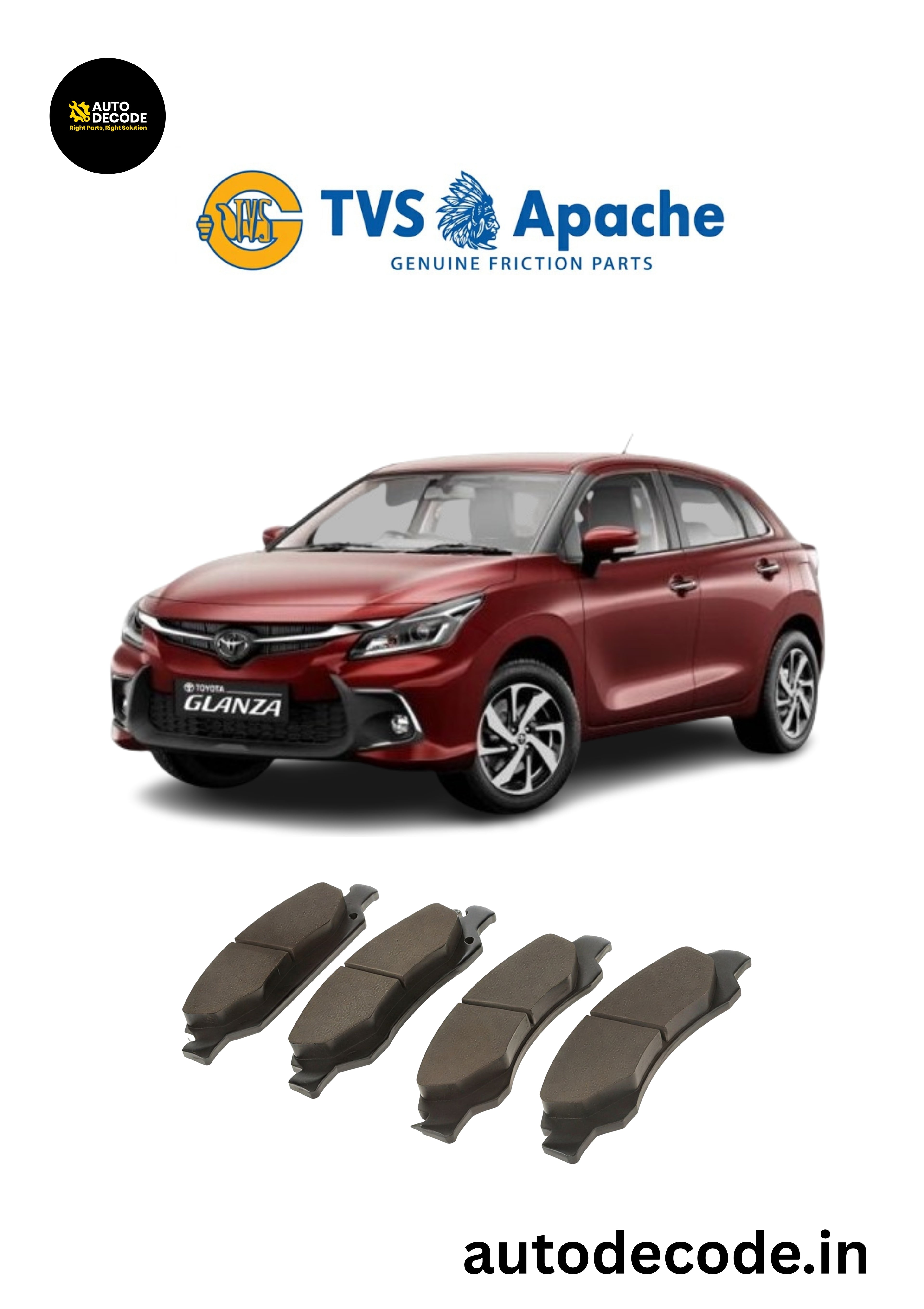 Front Brake Pads For Maruti Fronx / Baleno / Toyota Glanza – TVS | Set of 4