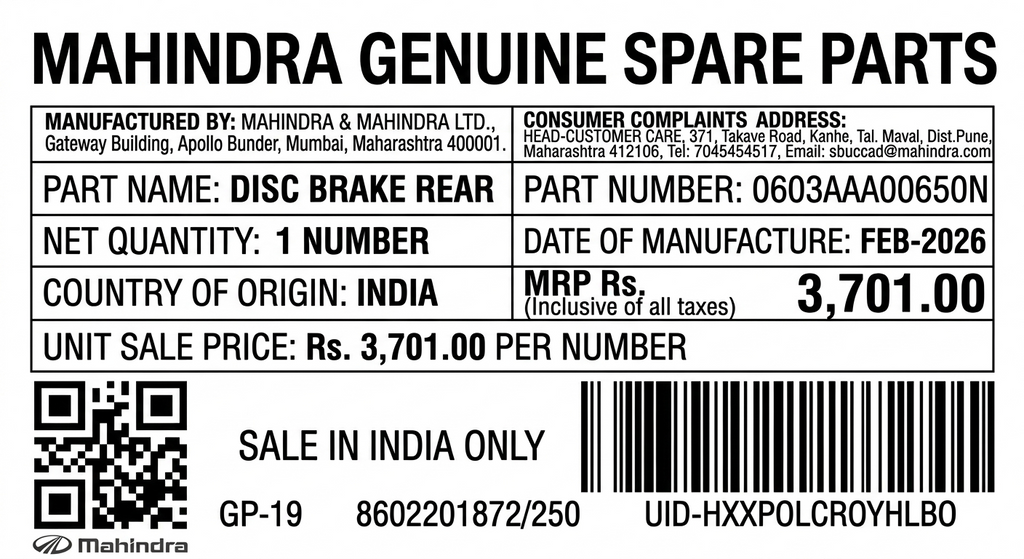 Rear Brake Disc For Mahindra Scorpio N – Genuine