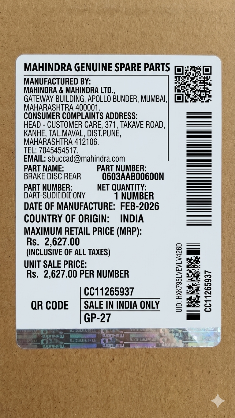 Rear Brake Disc For Mahindra XUV3XO / XUV300 / XUV400 EV – Genuine