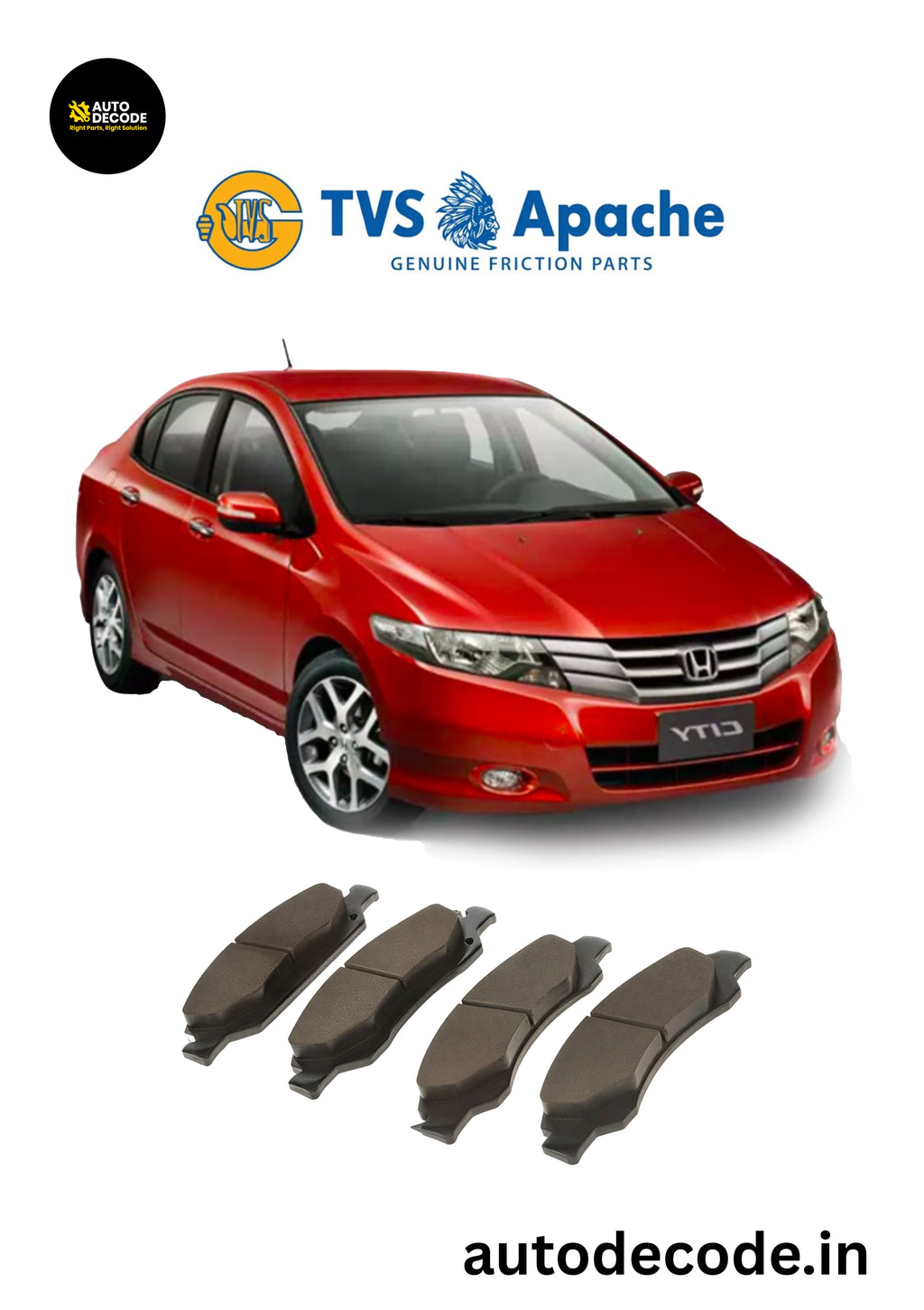 Front Brake Pads For Honda Amaze / Brio / City – TVS | Set of 4