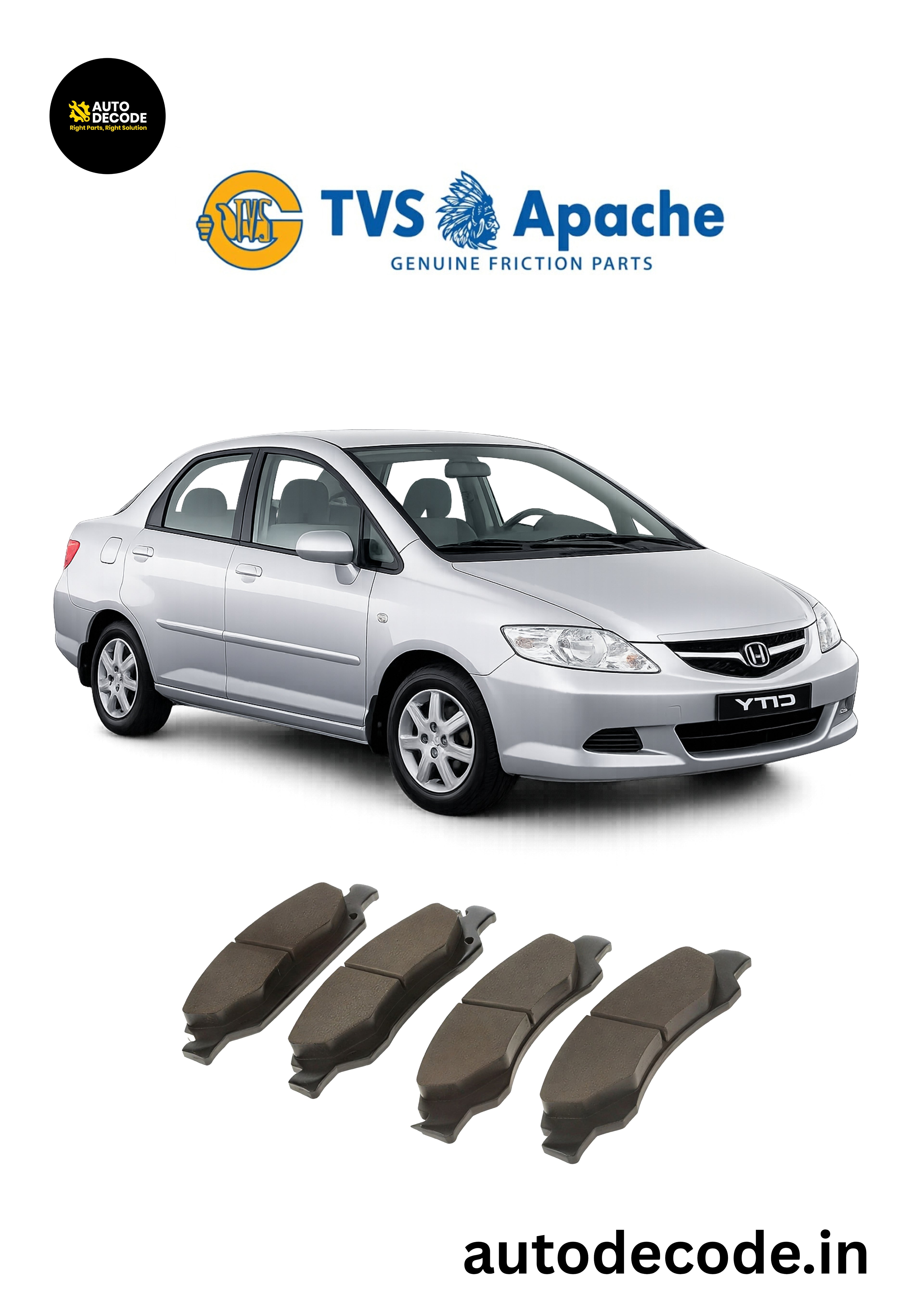 Front Brake Pads For Honda City (2003–2006) – TVS | Set of 4