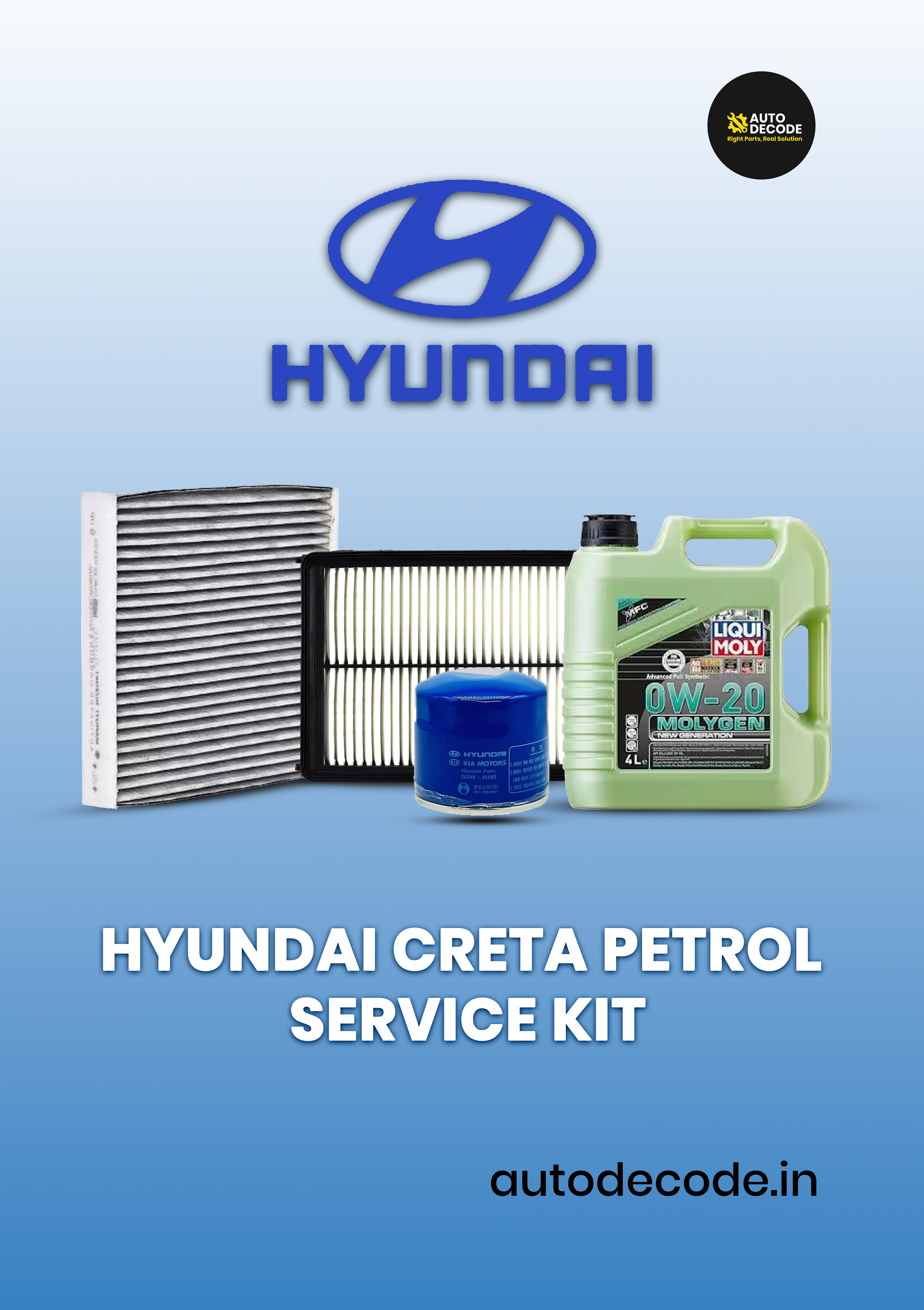 Hyundai Creta Petrol Type 3 / Kia Seltos Petrol Service Kit – Liqui Moly Molygen 0W20 Engine Oil 4L + Genuine Filters