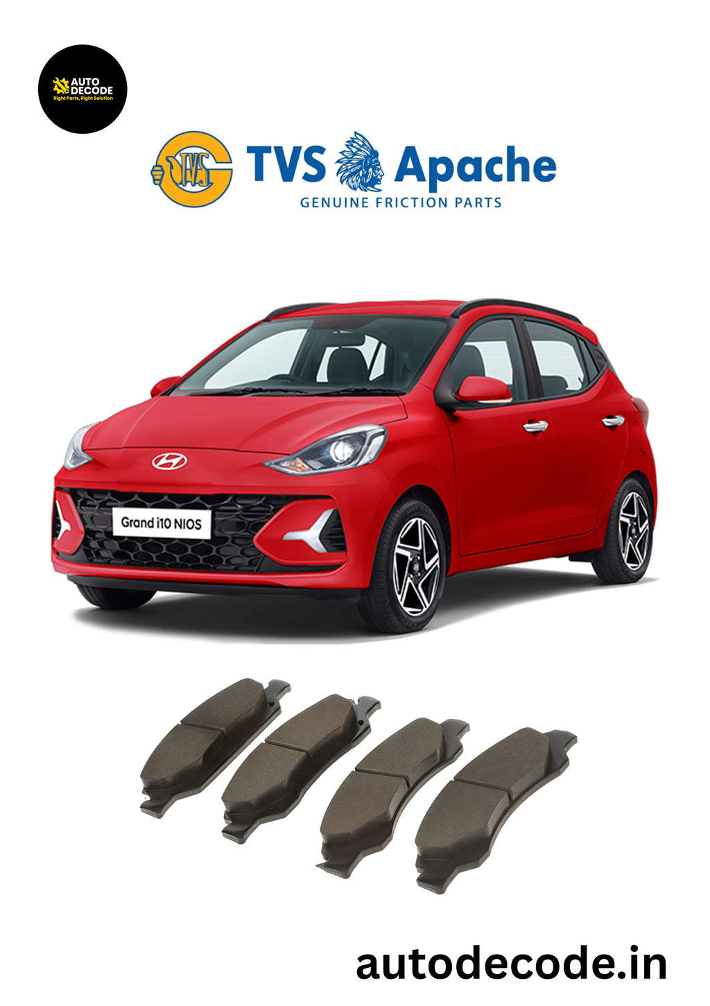 Front Brake Pads For Hyundai i10 Nios / Xcent / Grand i10 – TVS | Set of 4