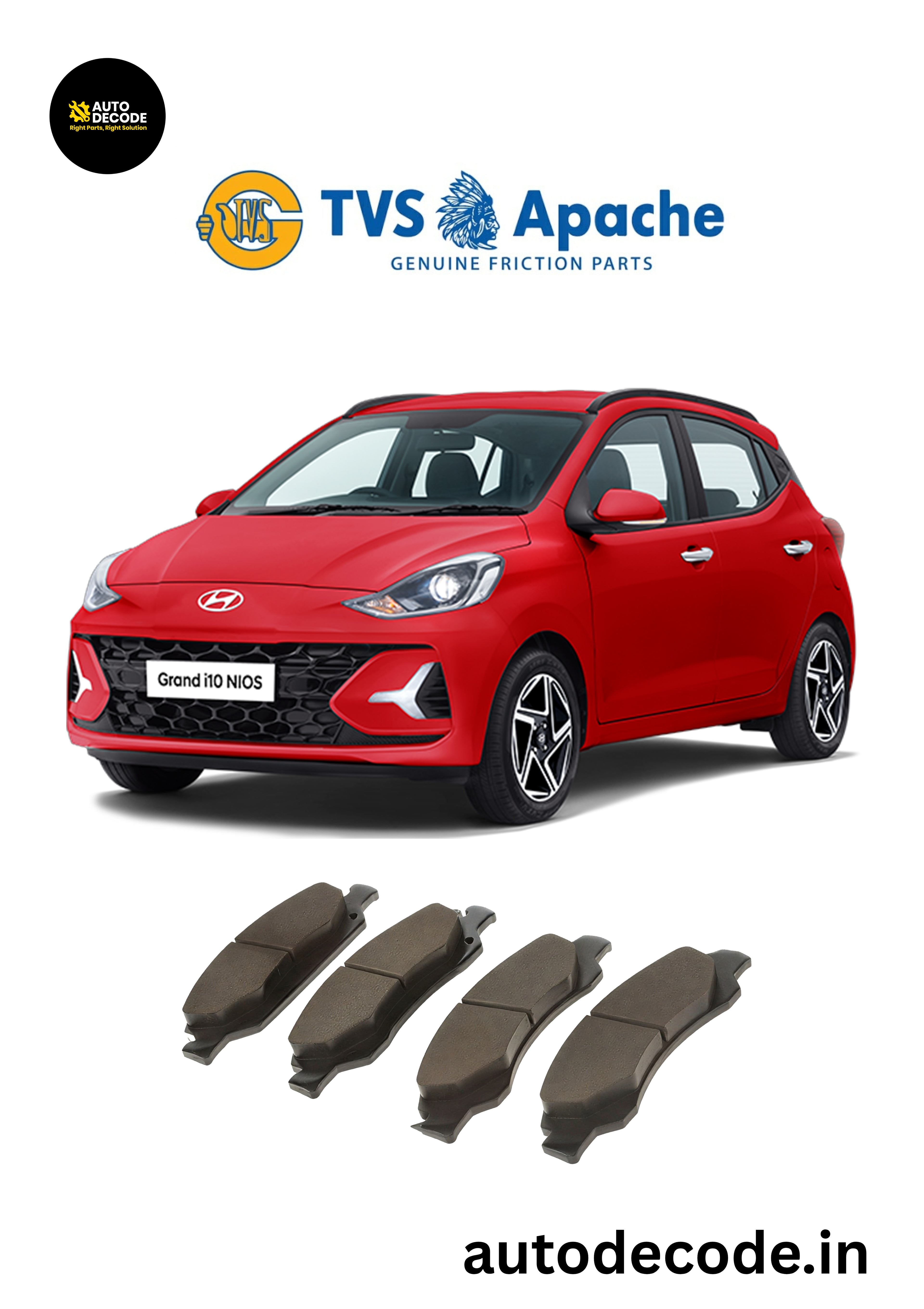 Front Brake Pads For Hyundai i10 Nios / Xcent / Grand i10 – TVS | Set of 4