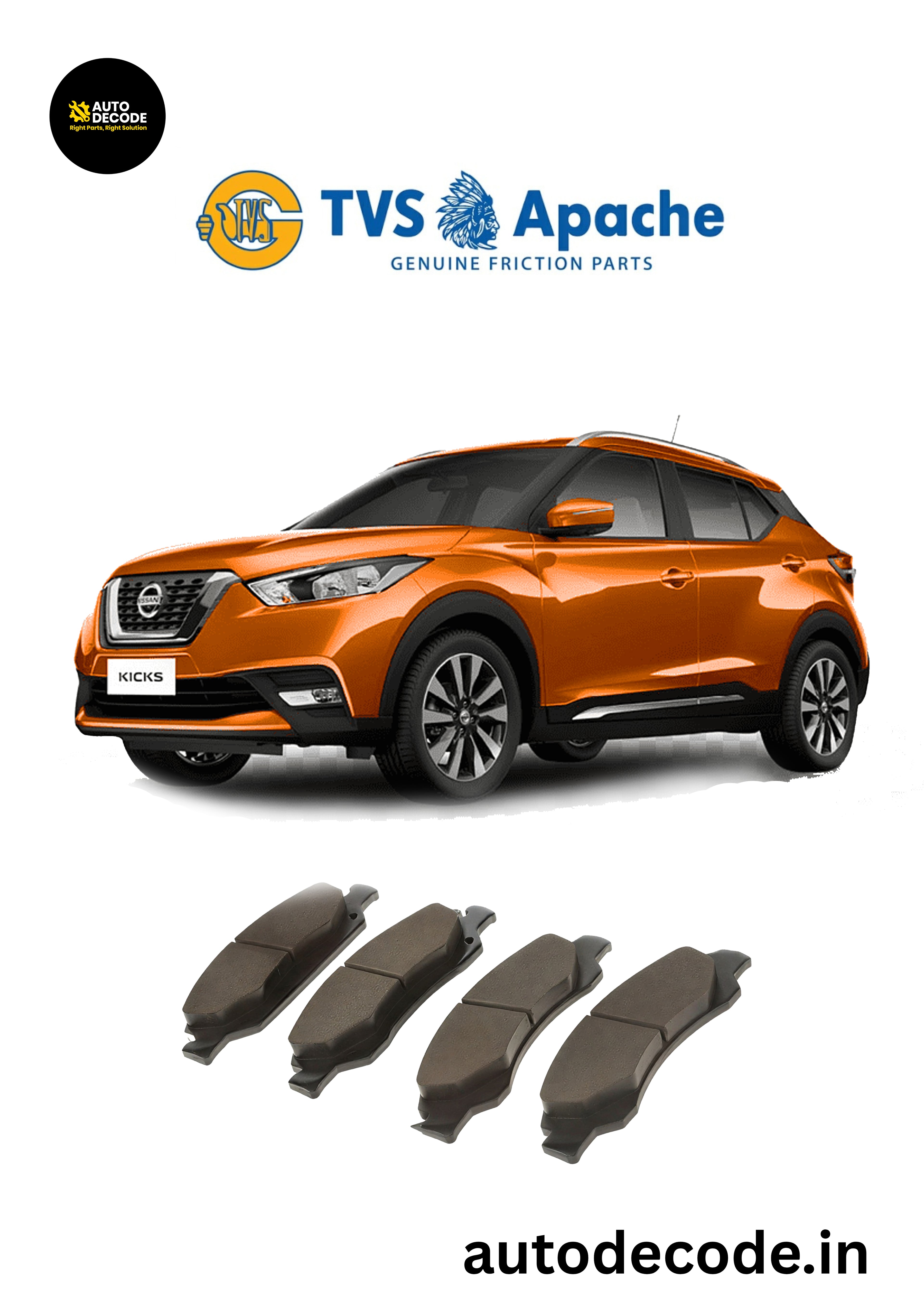 Front Brake Pads For Nissan Kicks / Terrano / Duster & More – TVS | Set of 4
