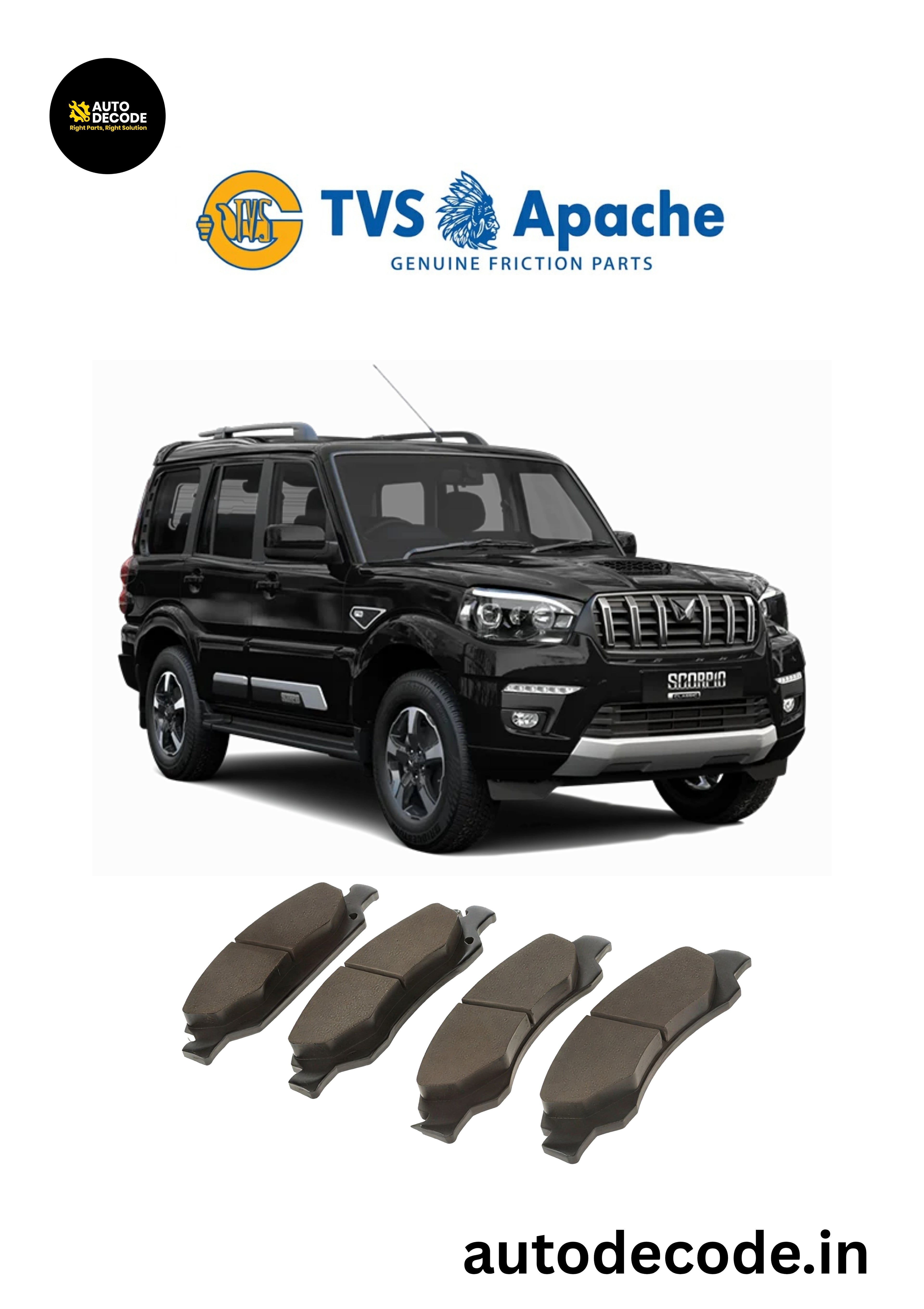 Front Brake Pads For Mahindra Scorpio S7 / S11 – TVS | Set of 4