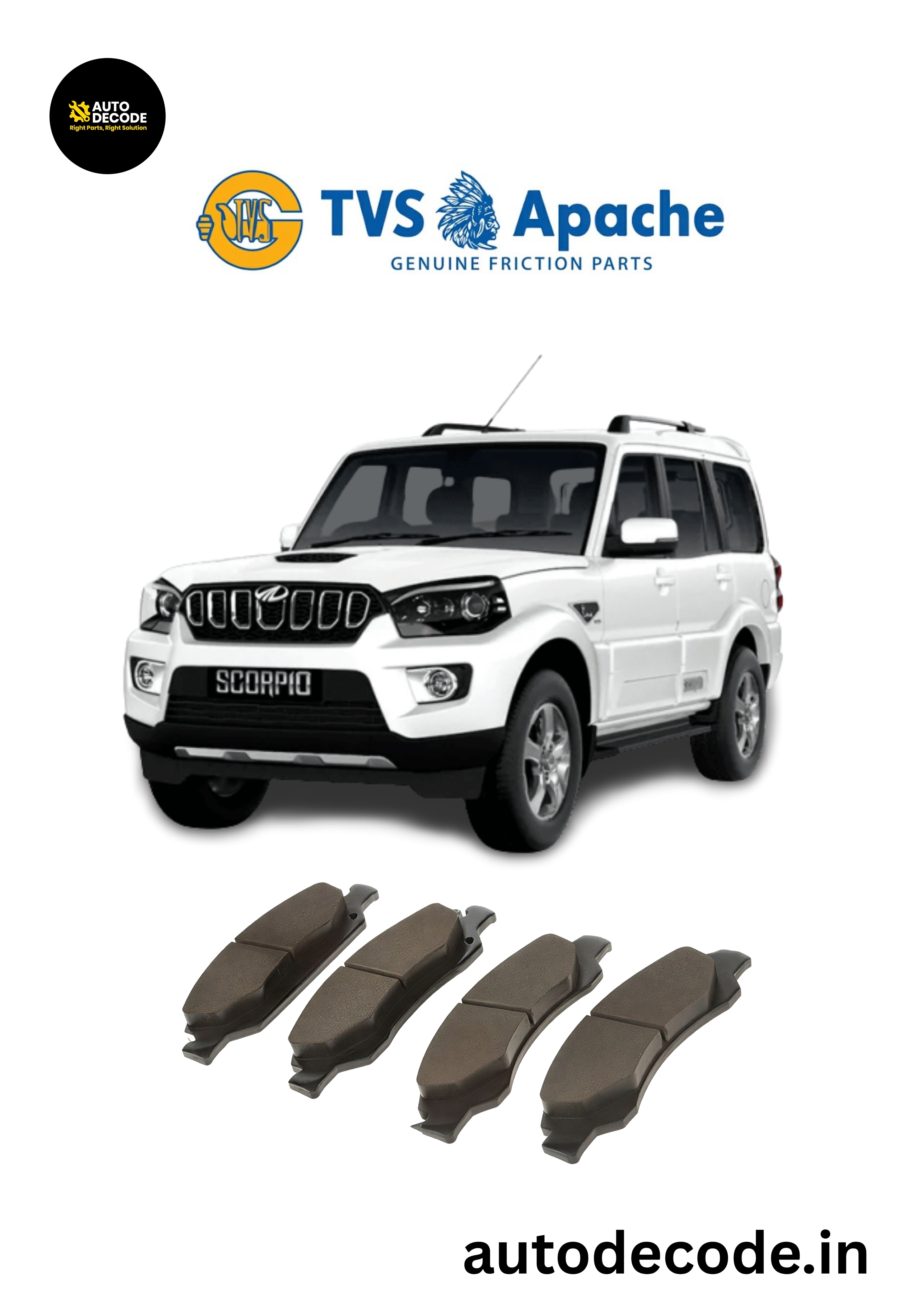 Front Brake Pads For Mahindra Scorpio S7 / S11 – TVS | Set of 4