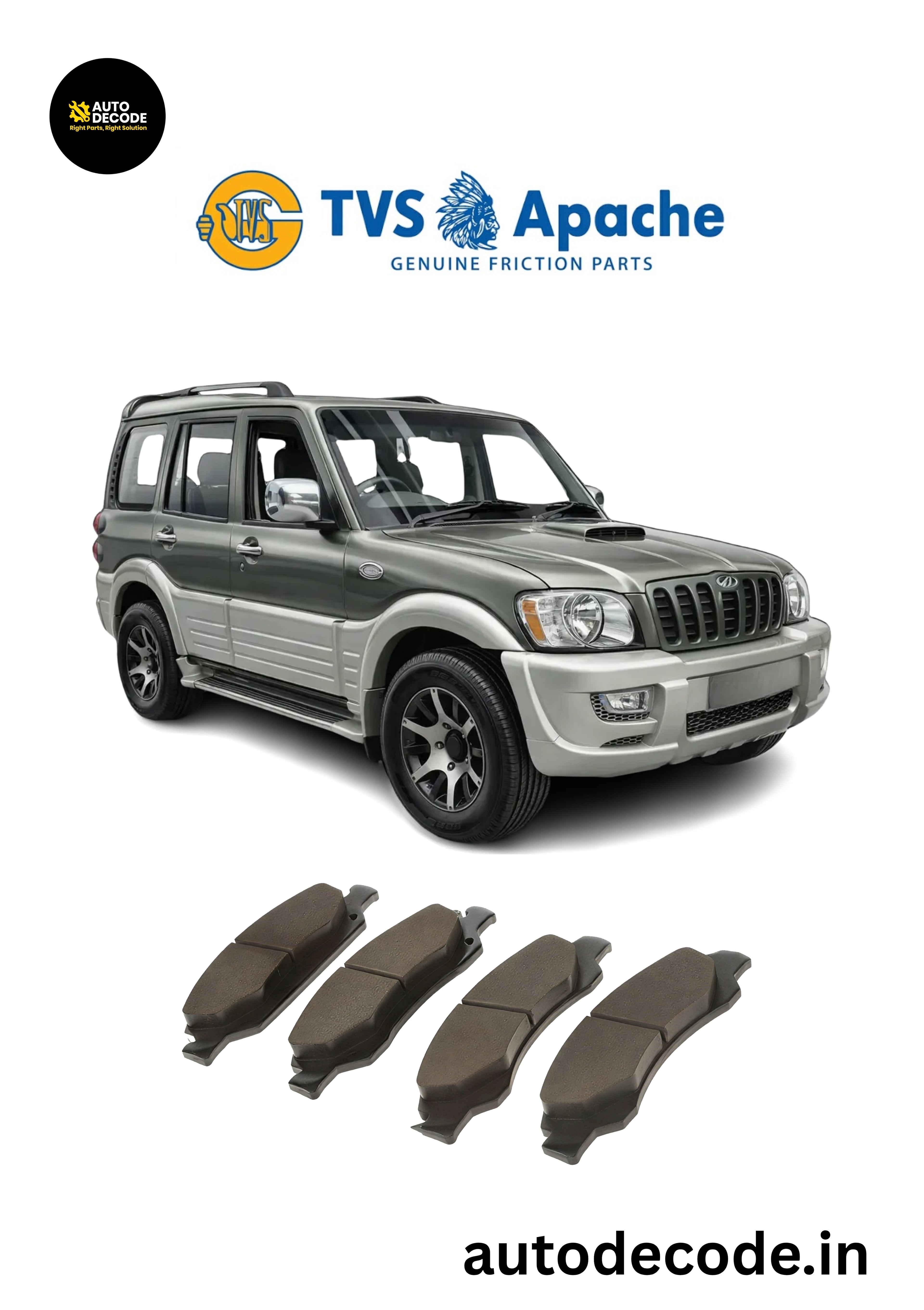 Front Brake Pads For Mahindra Scorpio CRDe  – TVS | Set of 4