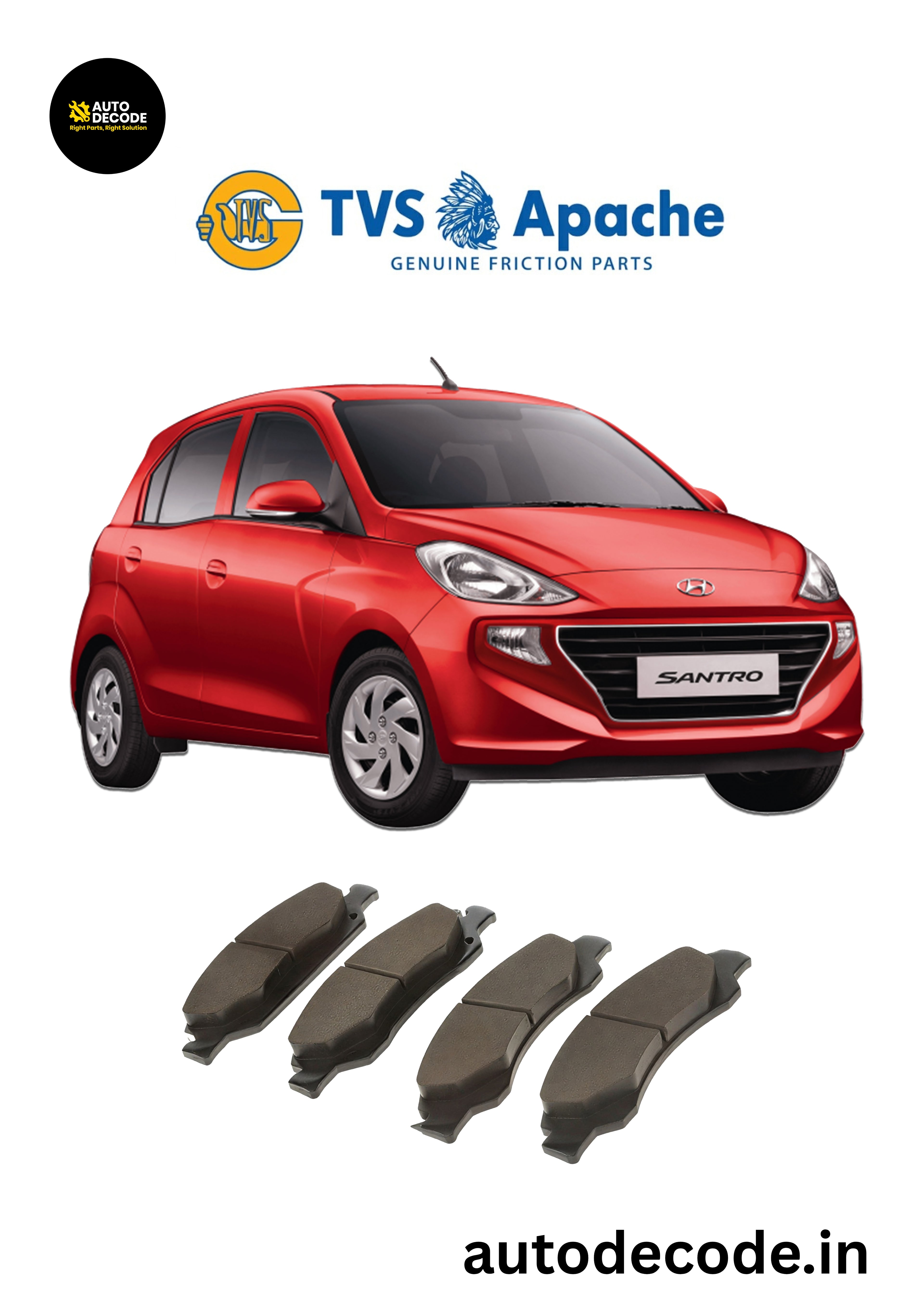 Front Brake Pads For Hyundai Santro (2018 Onwards) – TVS | Set of 4