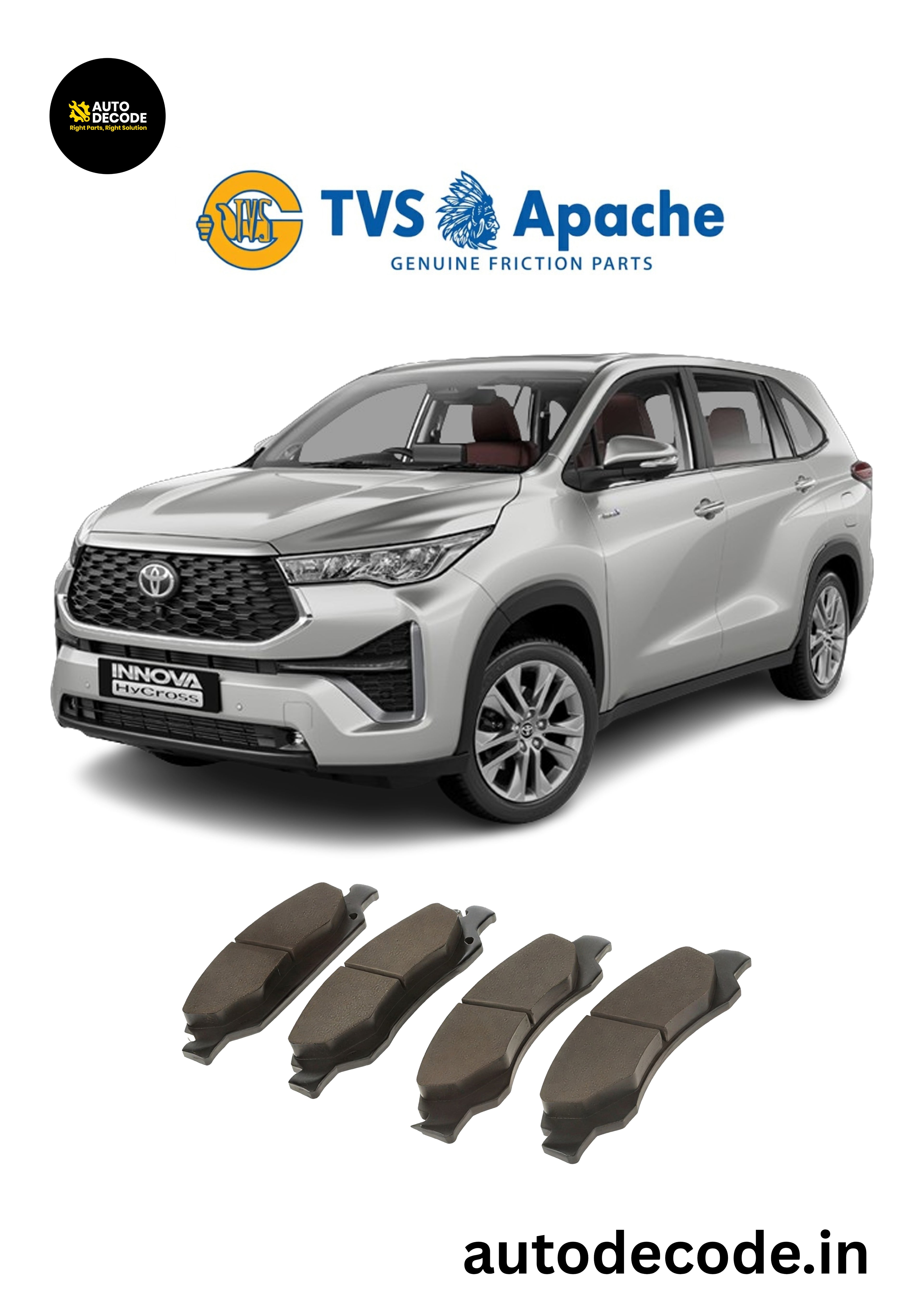 Front Brake Pads For Toyota Hycross / Maruti Invicto – TVS | Set of 4