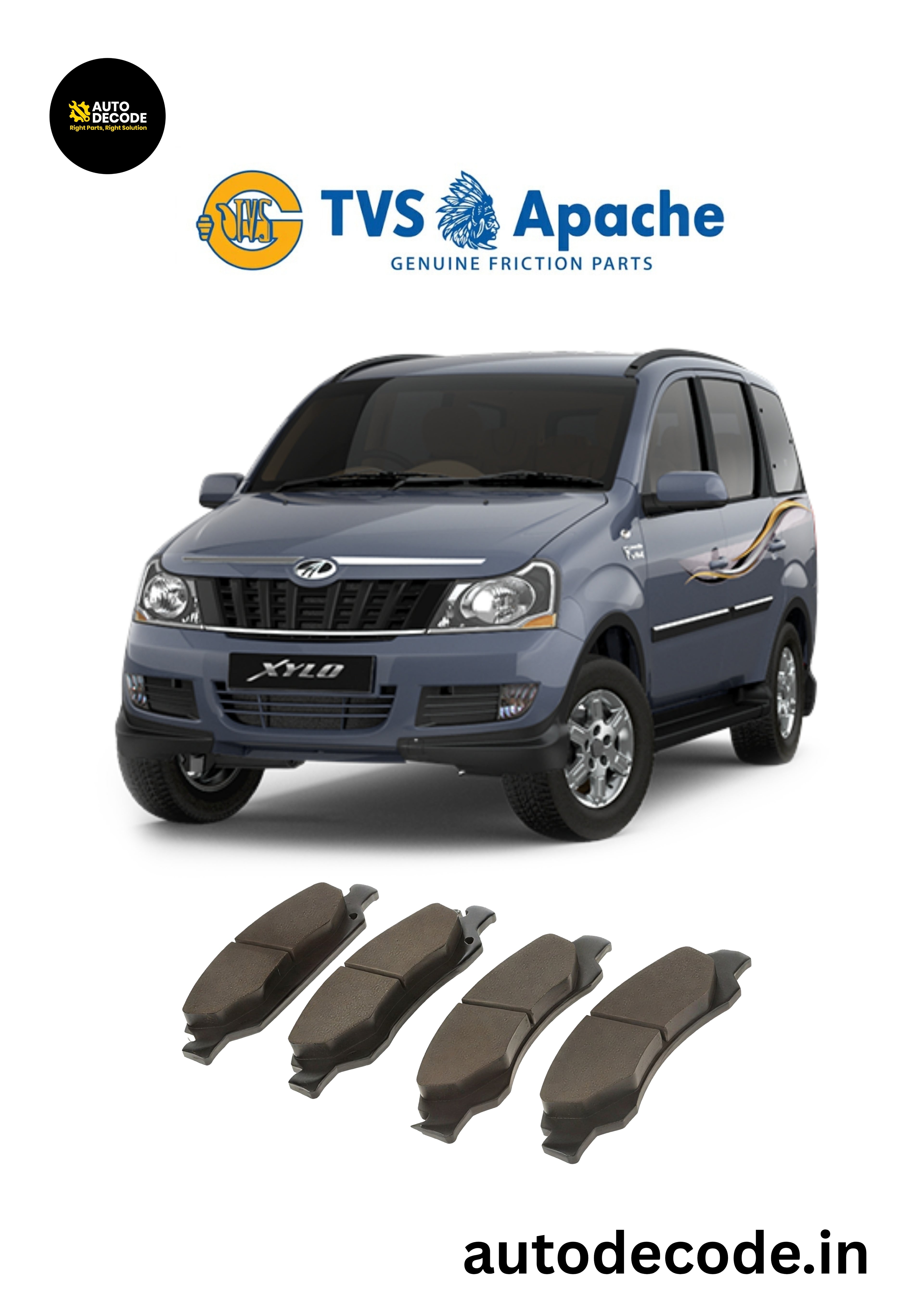 Front Brake Pads For Mahindra Bolero / Xylo / Genio / TUV300 & More – TVS | Set of 4