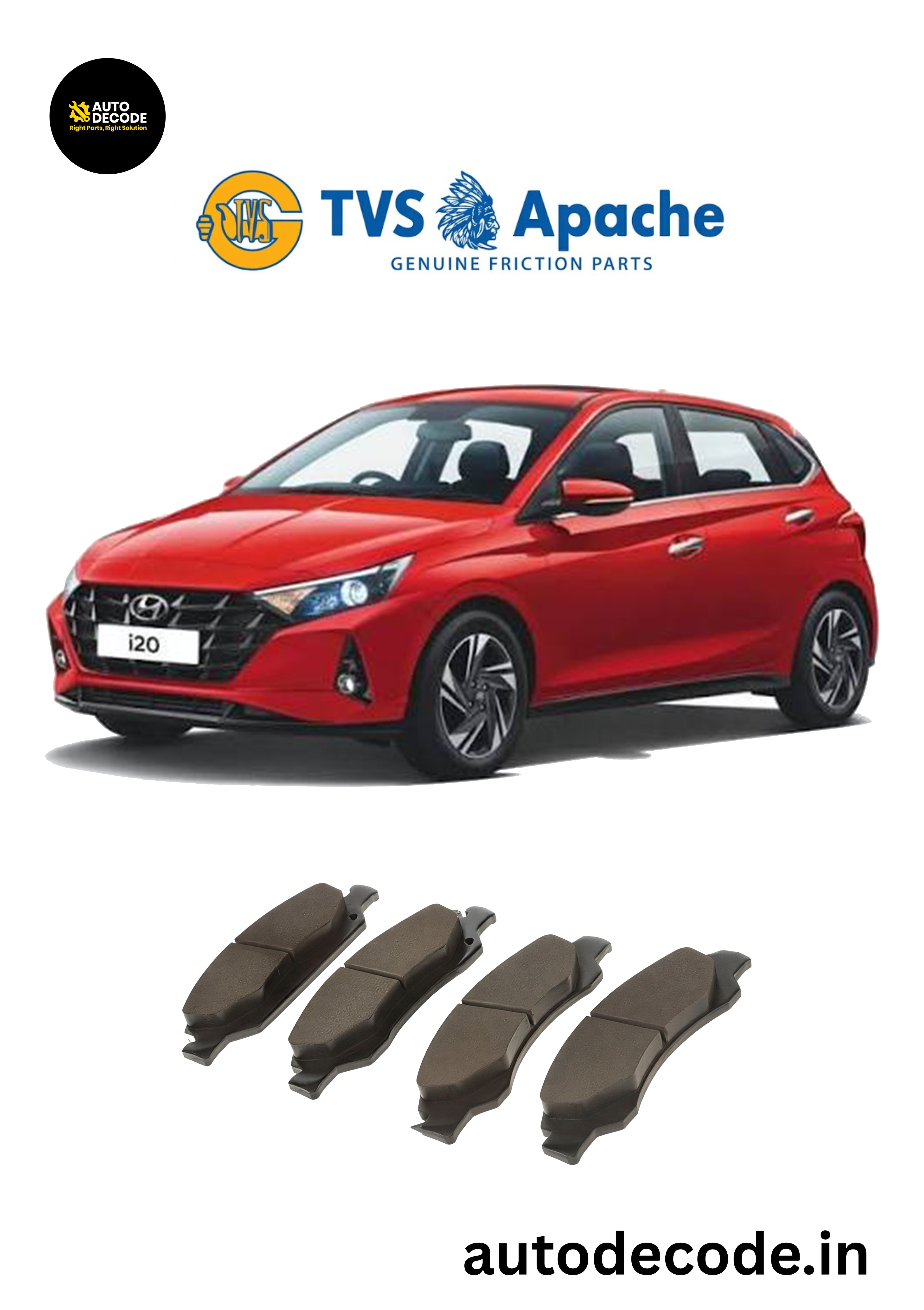 Front Brake Pads For Hyundai i10 / i20 1.2L – TVS | Set of 4