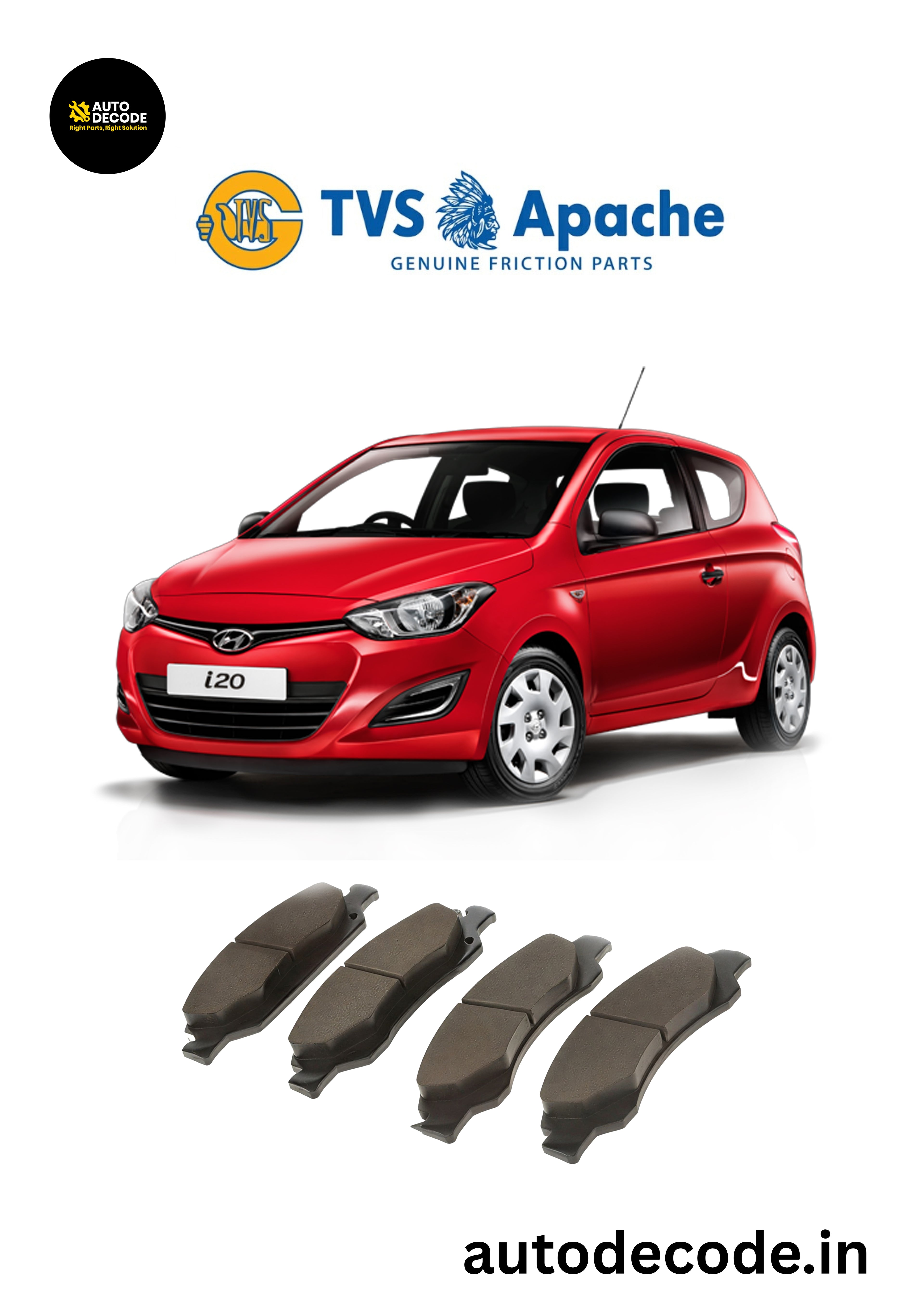 Front Brake Pads For Hyundai i10 / i20 1.2L – TVS | Set of 4