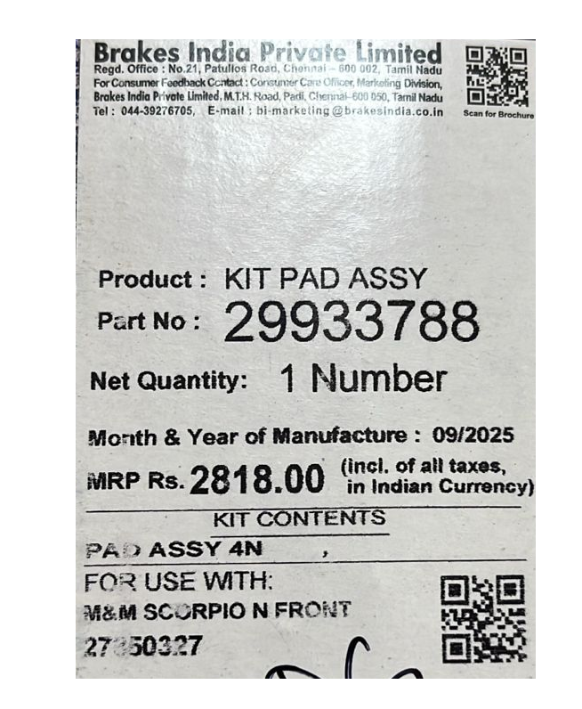 Front Brake Pads for Mahindra Scorpio N | TVS Genuine