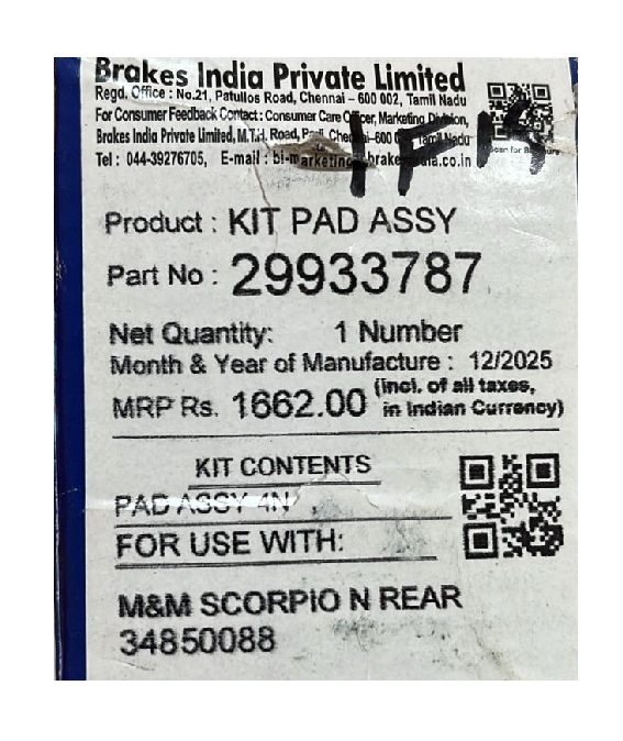Rear Brake Pads For Mahindra Scorpio N  | TVS Genuine