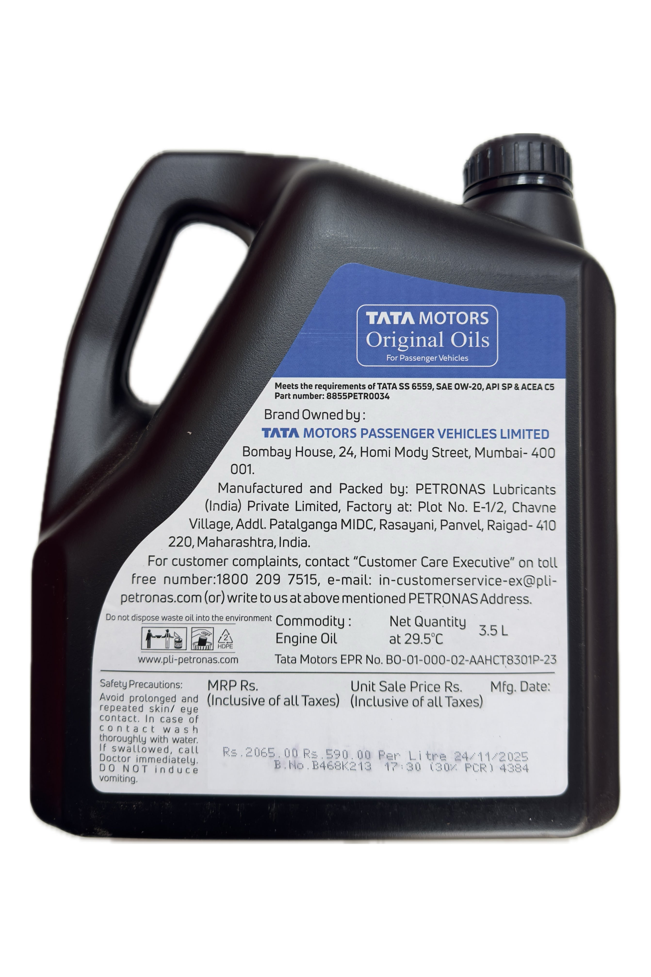 Tata Motors T-PRO 1000 0W-20 Fully Synthetic Engine Oil 3.5L API SP ACEA C5 (SS 6559)