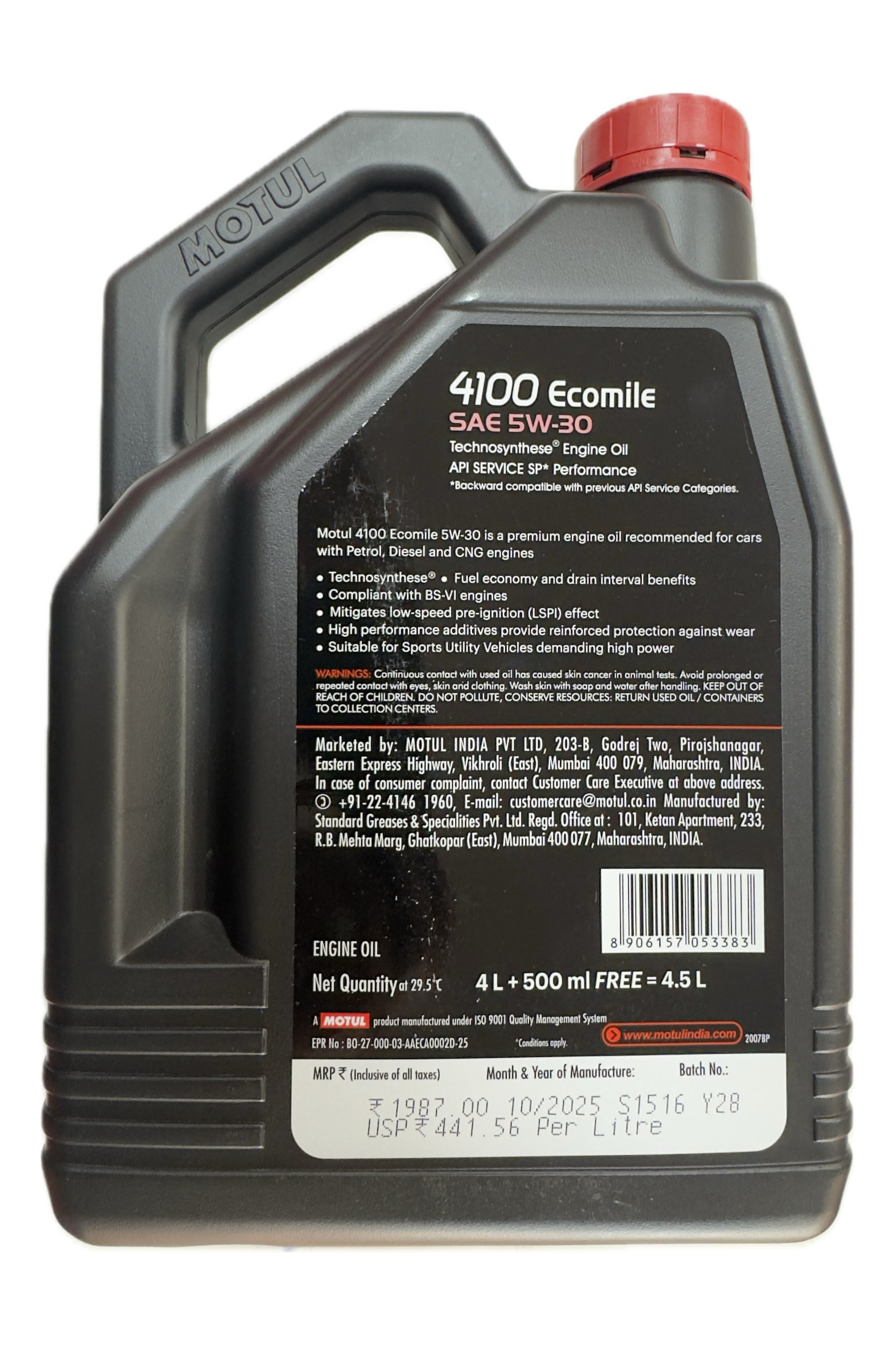 Motul 4100 Ecomile 5W30 Technosynthese Engine Oil 4.5L for Petrol Diesel CNG